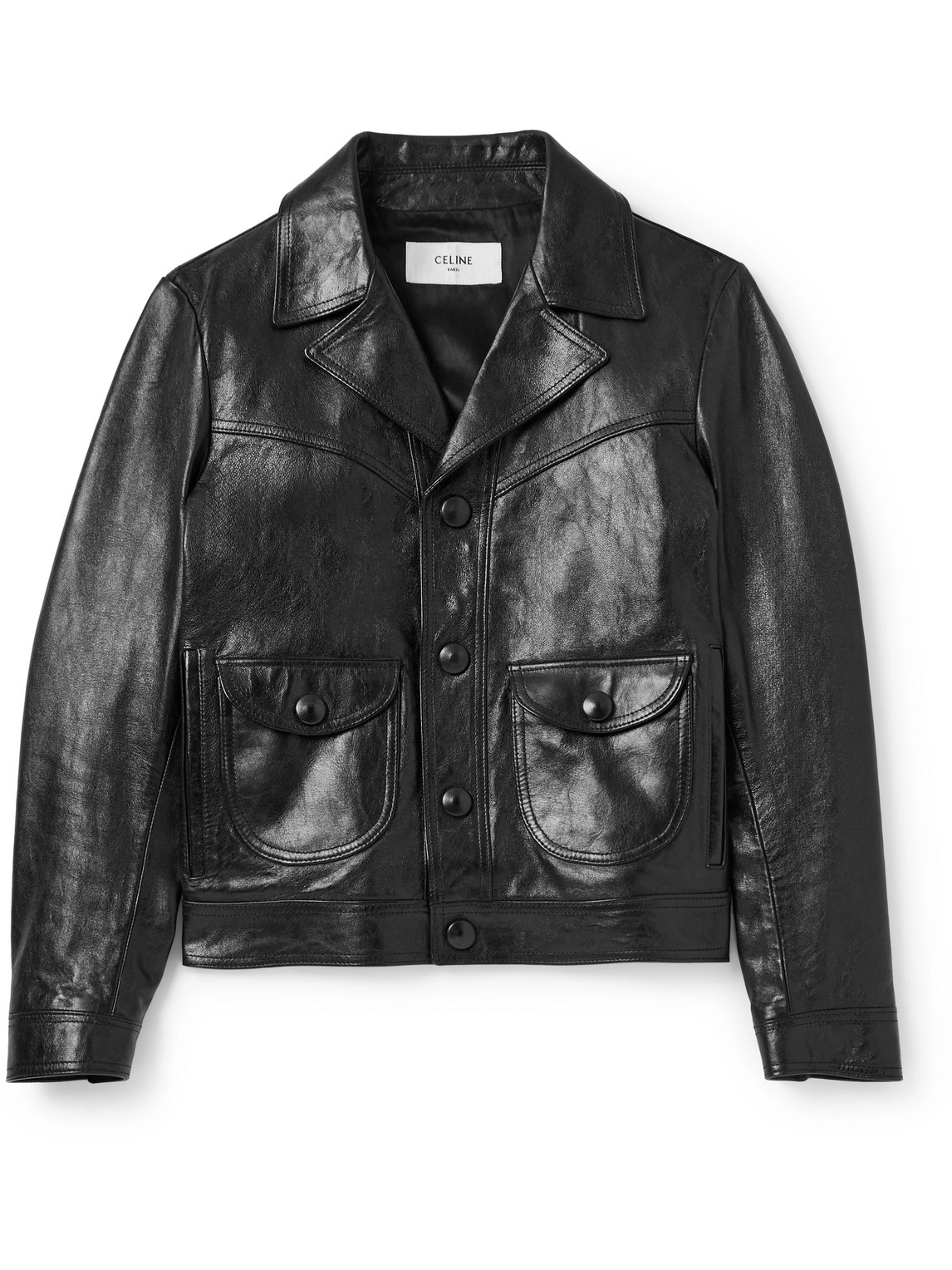 Celine Droit Waxed Textured-leather Jacket In Green