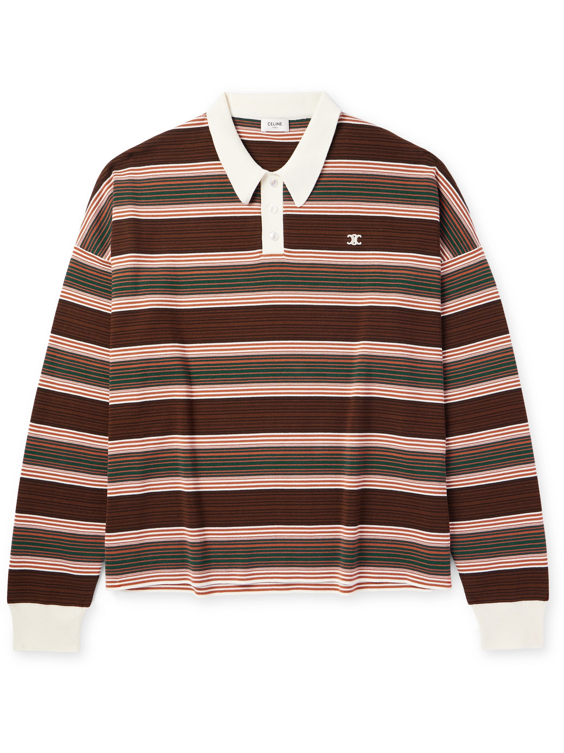 Celine Logo-embroidered Striped Cotton Polo Shirt In Brown