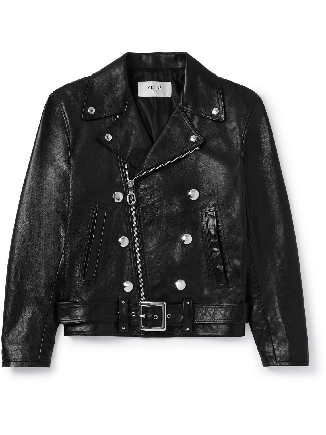 Celine Slim-fit Studded Belted Leather Biker Jacket In Black