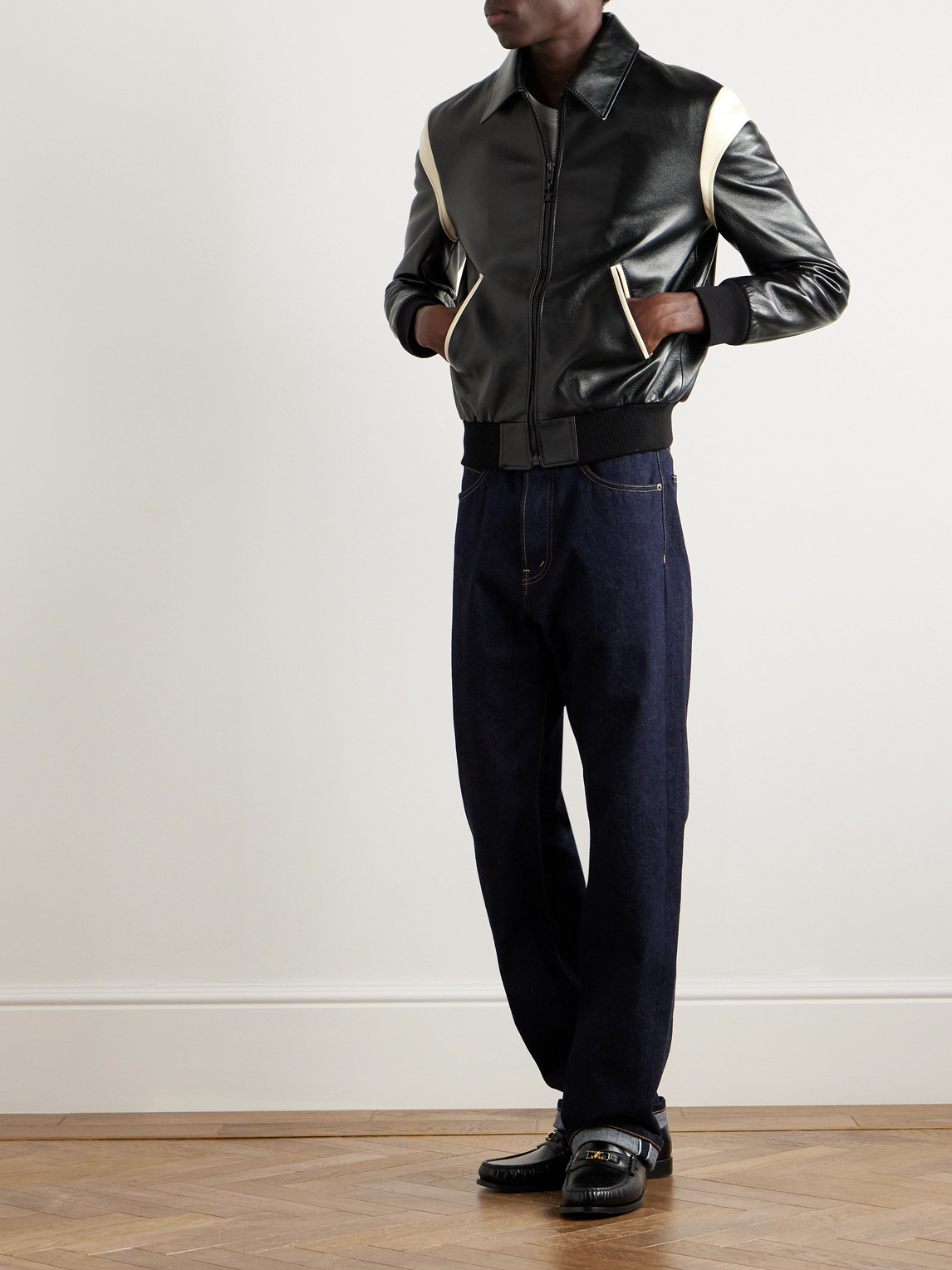 Celine Teddy Slim-fit Colour-block Leather Varsity Jacket In Black