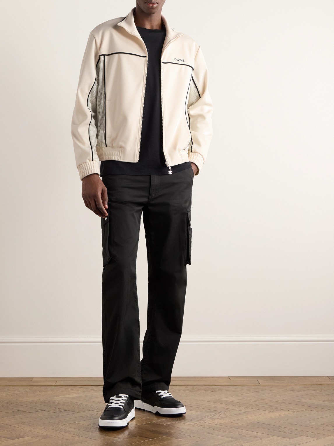 Celine Logo-embroidered Mesh-trimmed Jersey Track Jacket In Neutral