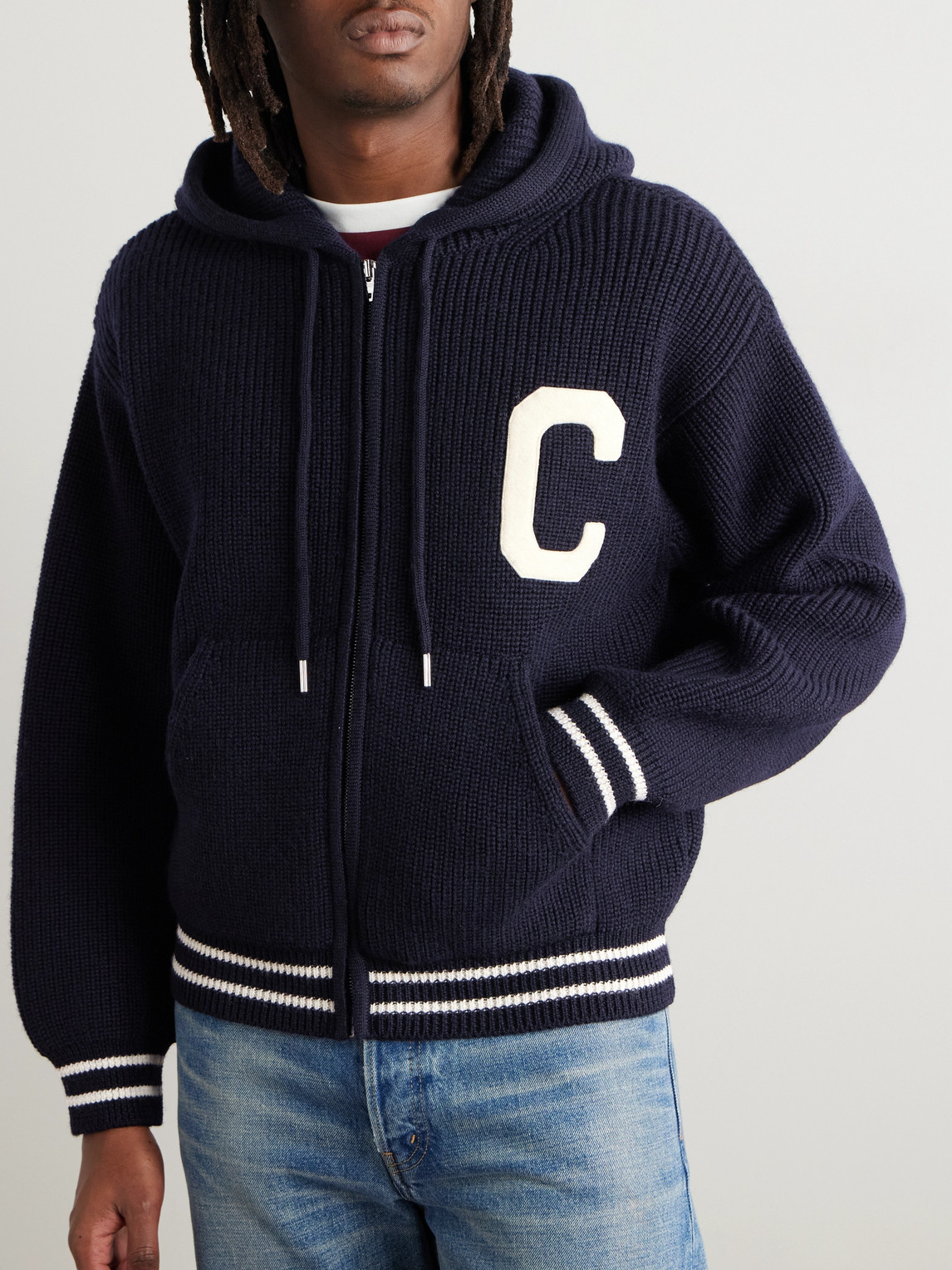 Celine Logo-appliquéd Wool Zip-up Hoodie In Blue