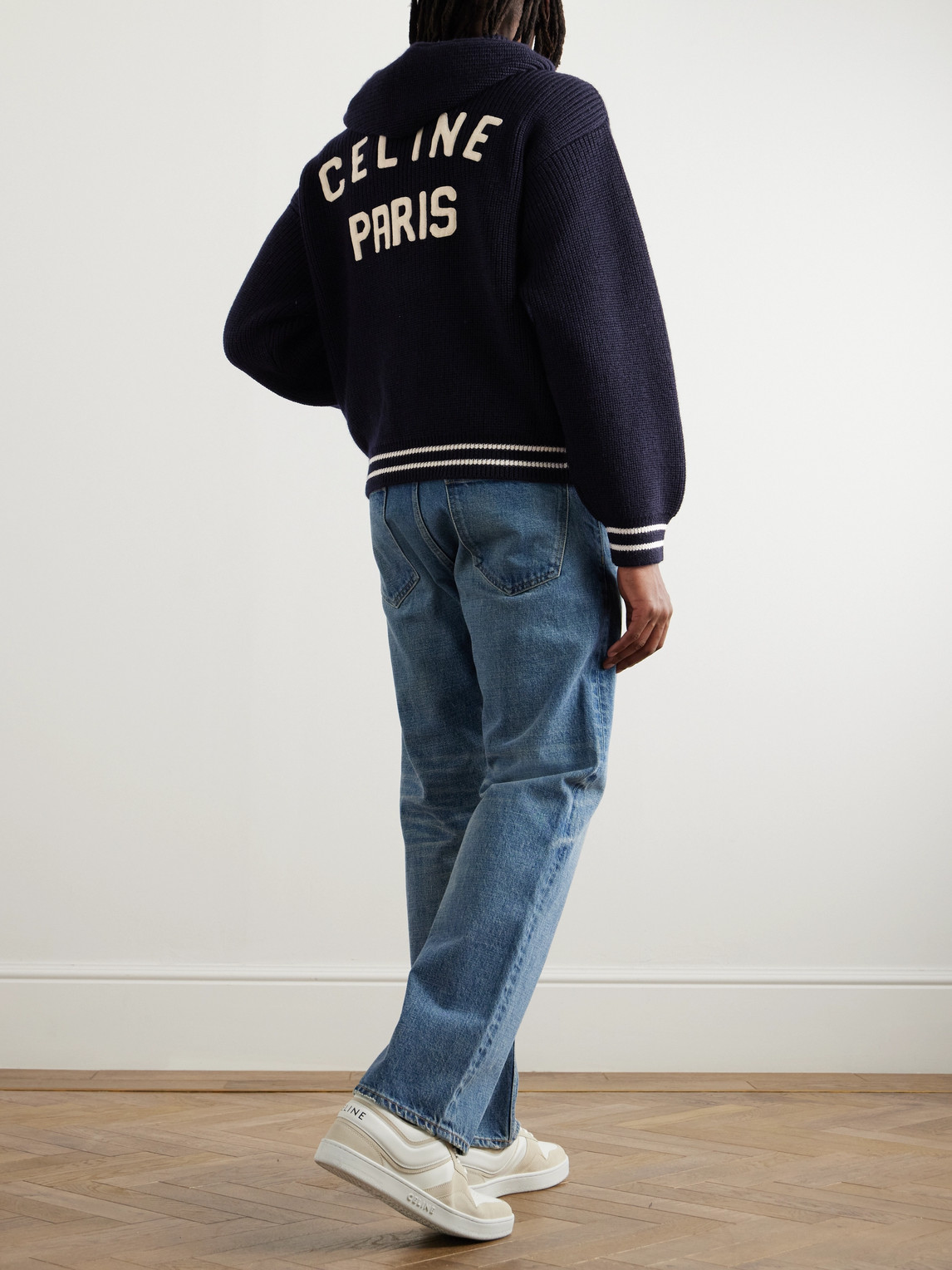 Celine Logo-appliquéd Wool Zip-up Hoodie In Blue