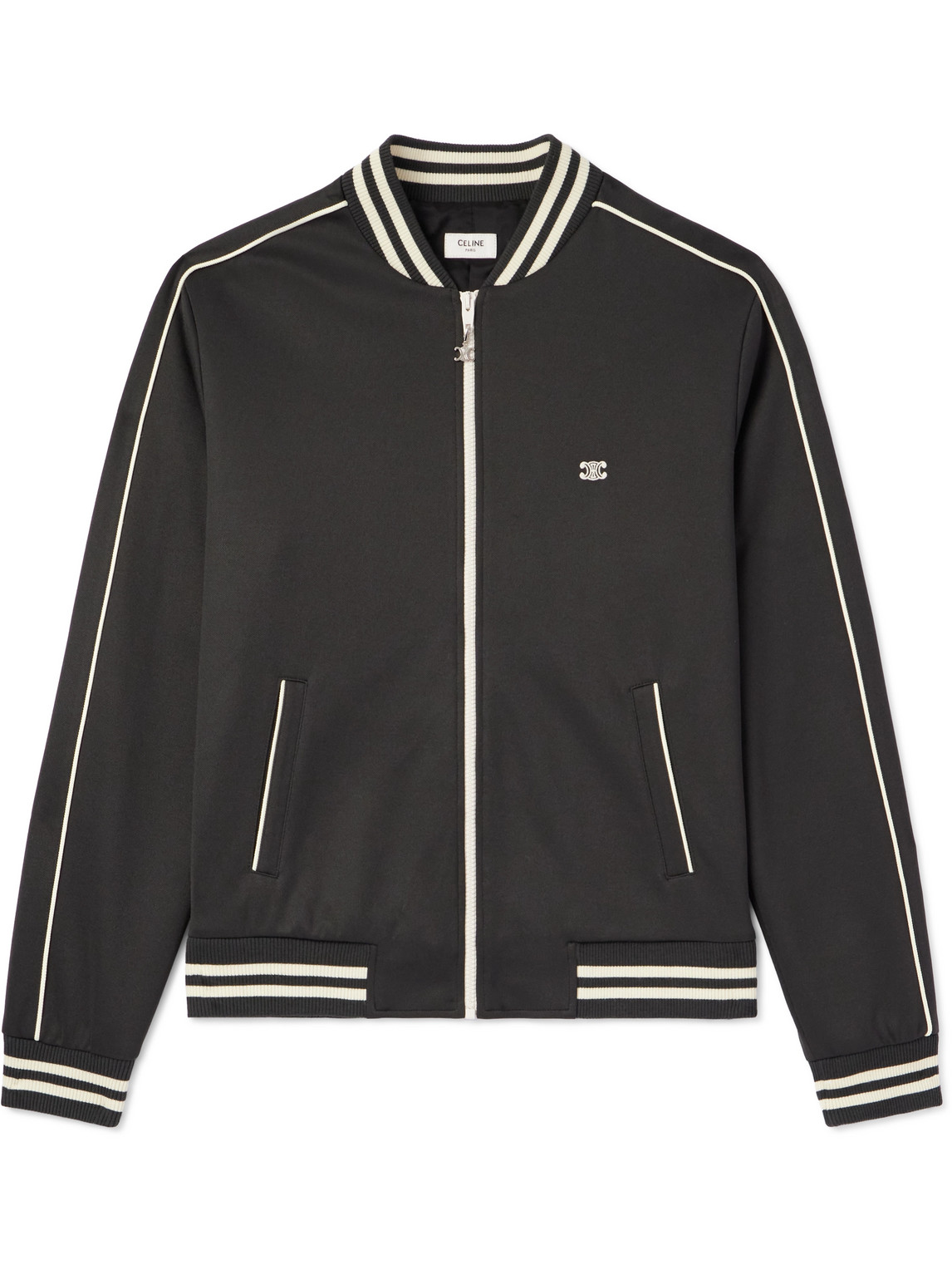Celine Triomphe Teddy Slim-fit Logo-embroidered Tech-jersey Track Jacket In Gray