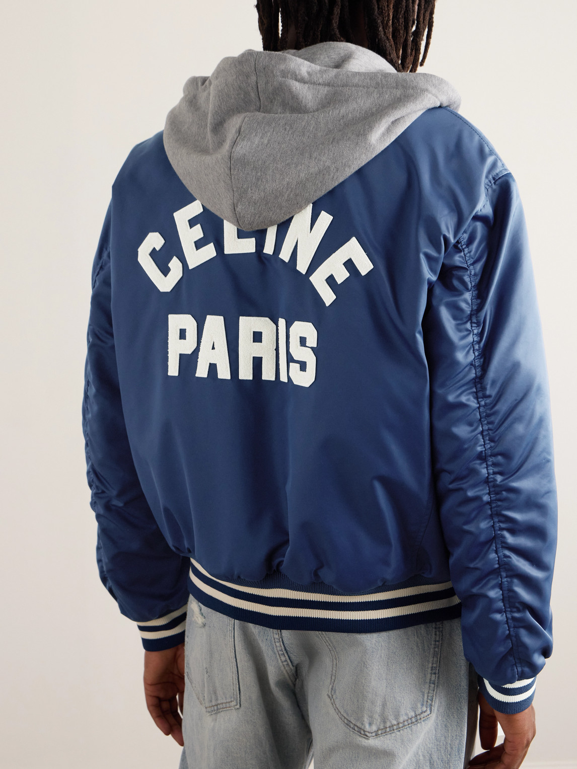 Celine Teddy Logo-appliquéd Cotton-jersey And Shell Hooded Bomber Jacket In Metallic