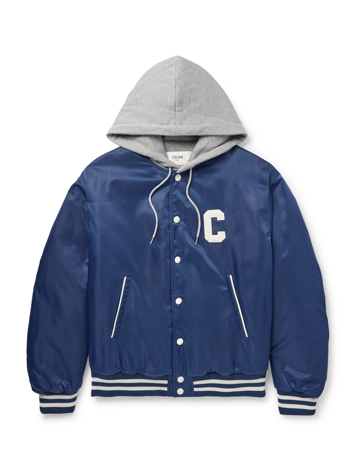 Celine Teddy Logo-appliquéd Cotton-jersey And Shell Hooded Bomber Jacket In Metallic