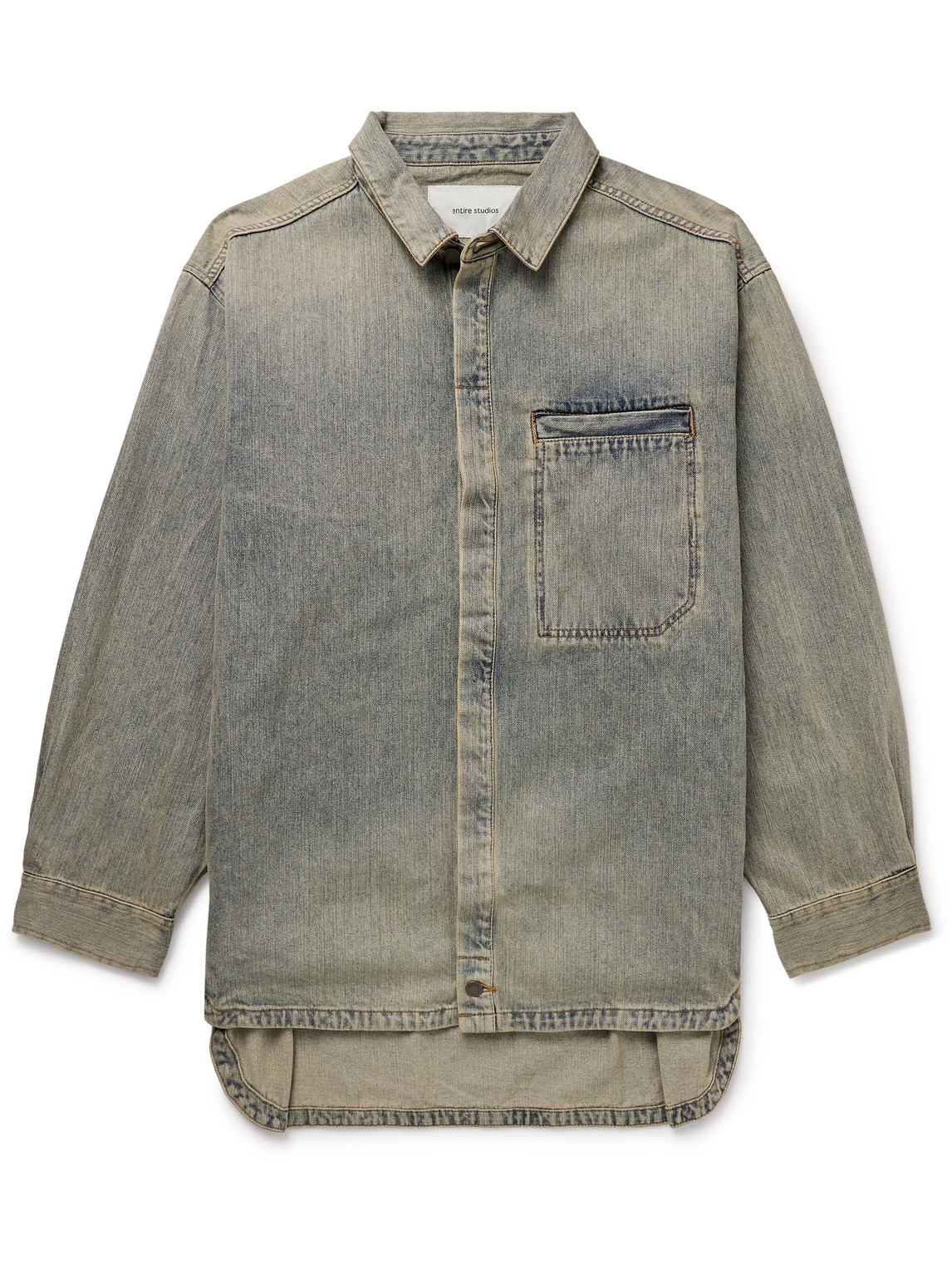 Entire Studios Mens Surface Wave Herculean Dipped-hem Vintage-wash Denim Shirt In Blue
