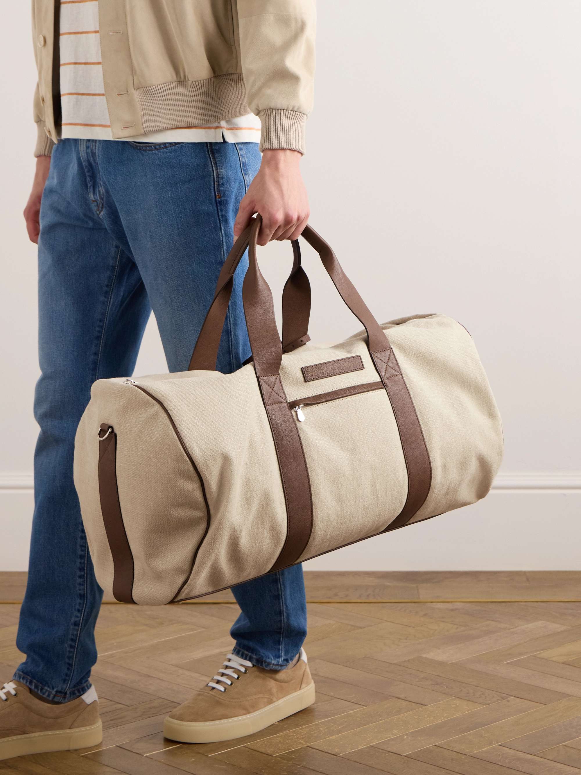 Leather Trimmed Canvas Weekend Bag