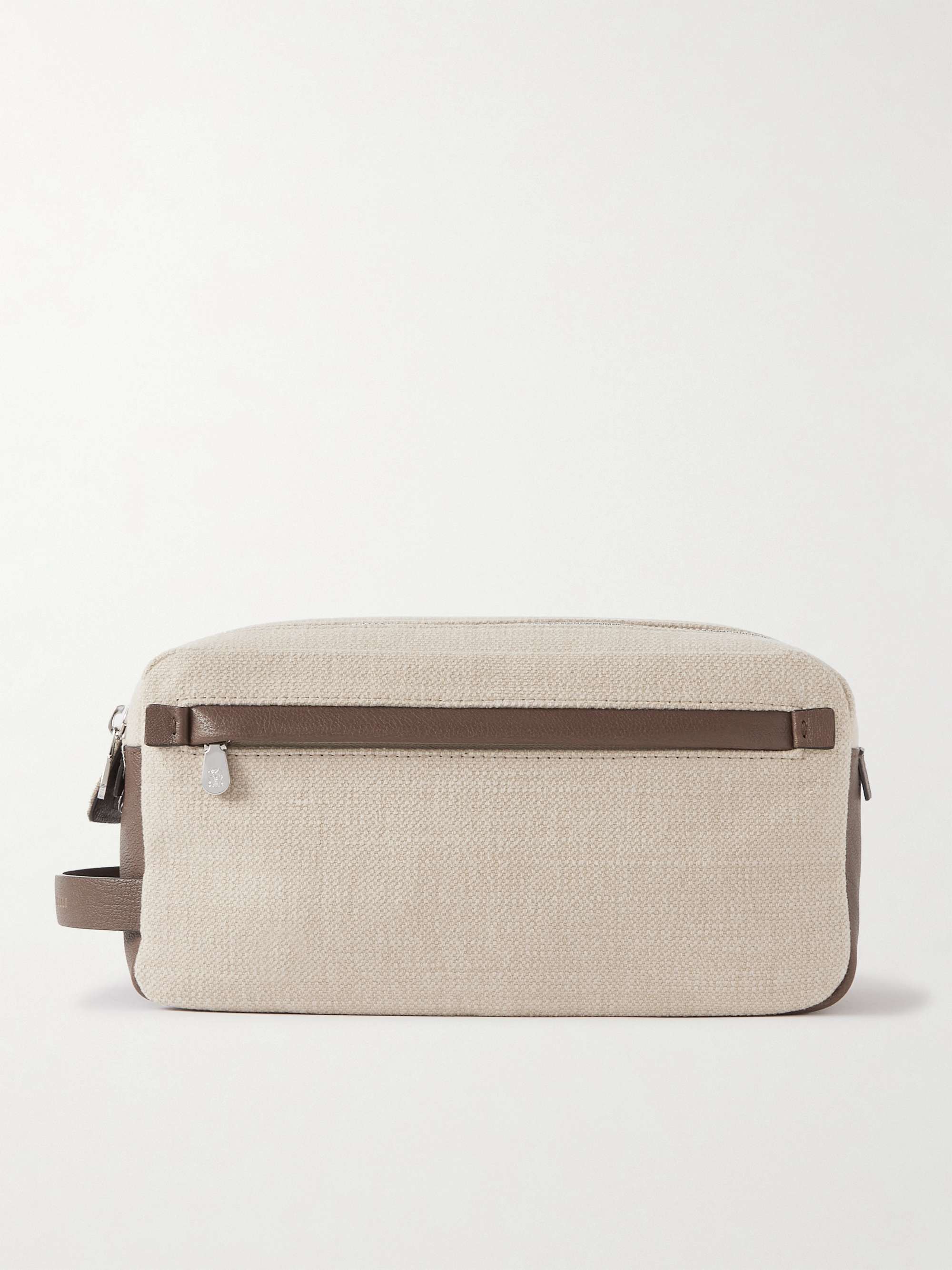 Leather Trimmed Cotton and Linen Blend Wash Bag