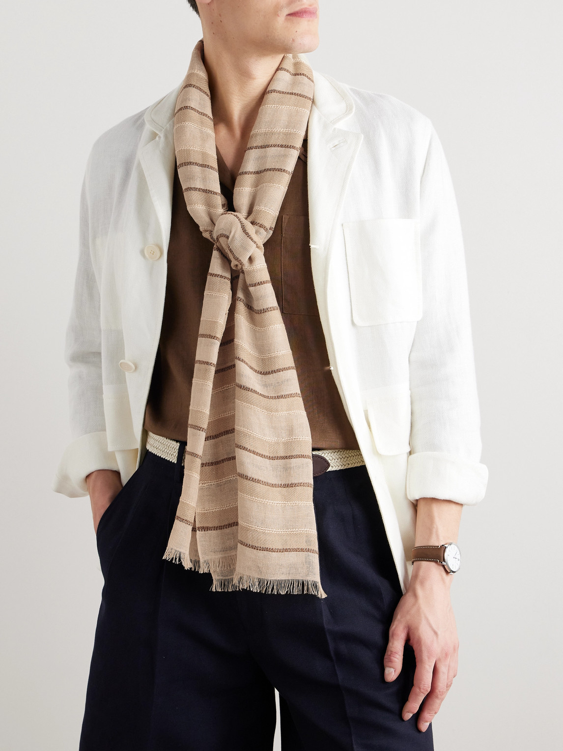 Shop Loro Piana Nakaumi Frayed Striped Silk, Linen And Cotton-blend Scarf In Neutrals