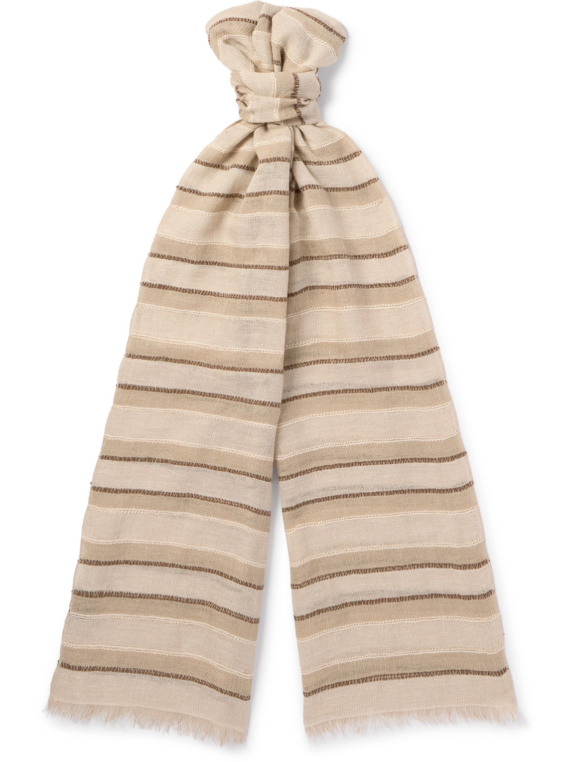Shop Loro Piana Nakaumi Frayed Striped Silk, Linen And Cotton-blend Scarf In Neutrals