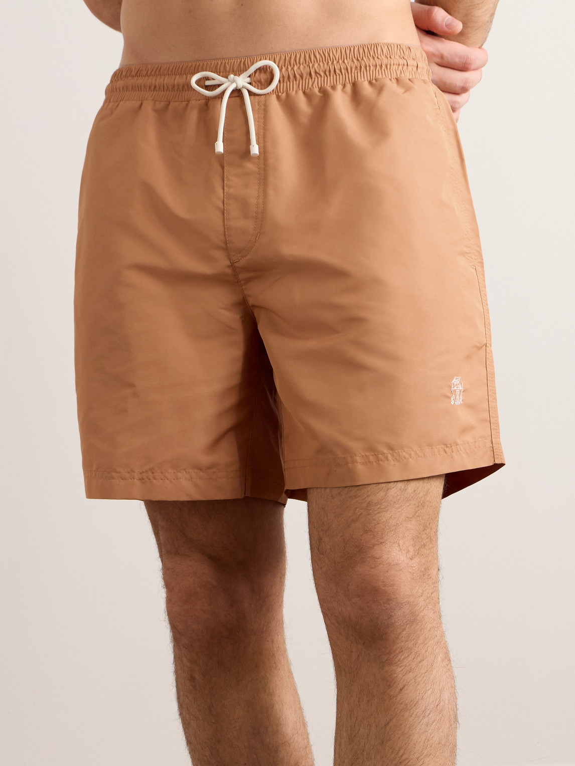 Shop Brunello Cucinelli Straight-leg Mid-length Logo-embroidered Swim Shorts In Orange
