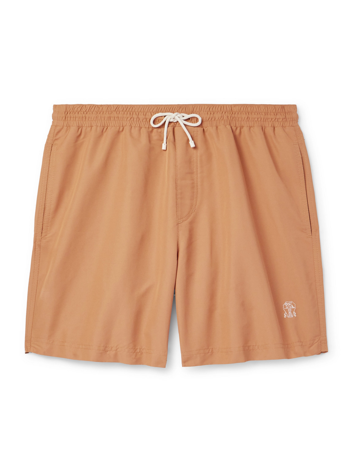 Brunello Cucinelli Straight-leg Mid-length Logo-embroidered Swim Shorts In Orange