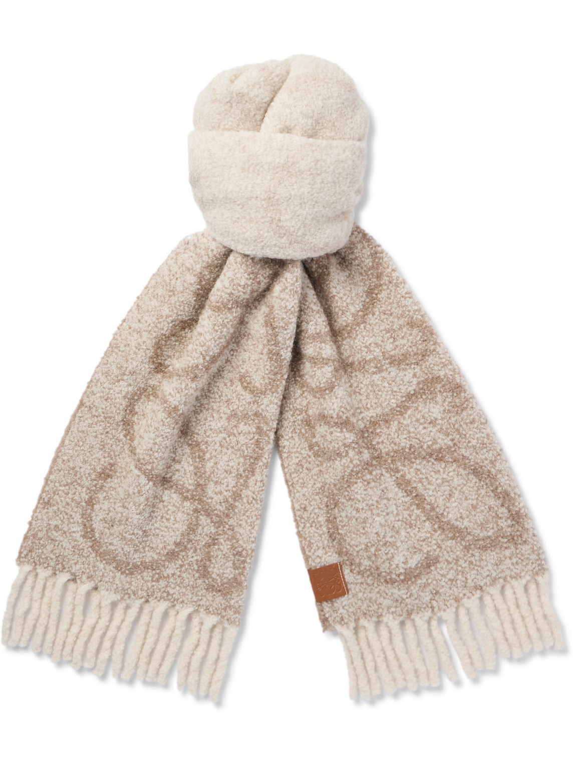 Loewe Logo-appliquéd Fringed Jacquard-knit Alpaca And Wool-blend Scarf In Neutrals