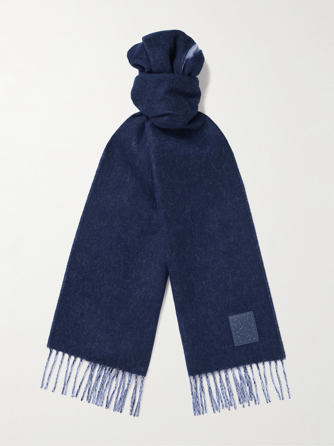 Loewe Logo-appliquéd Fringed Wool And Cashmere-blend Scarf In Blue