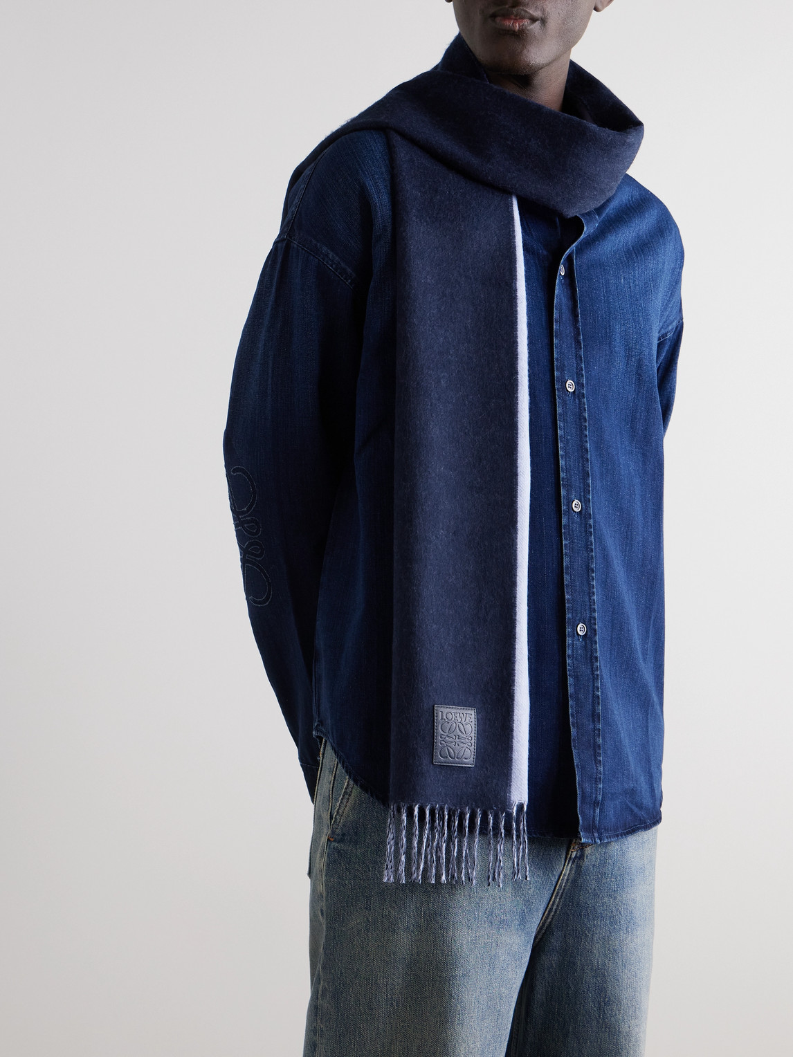 Loewe Logo-appliquéd Fringed Wool And Cashmere-blend Scarf In Blue