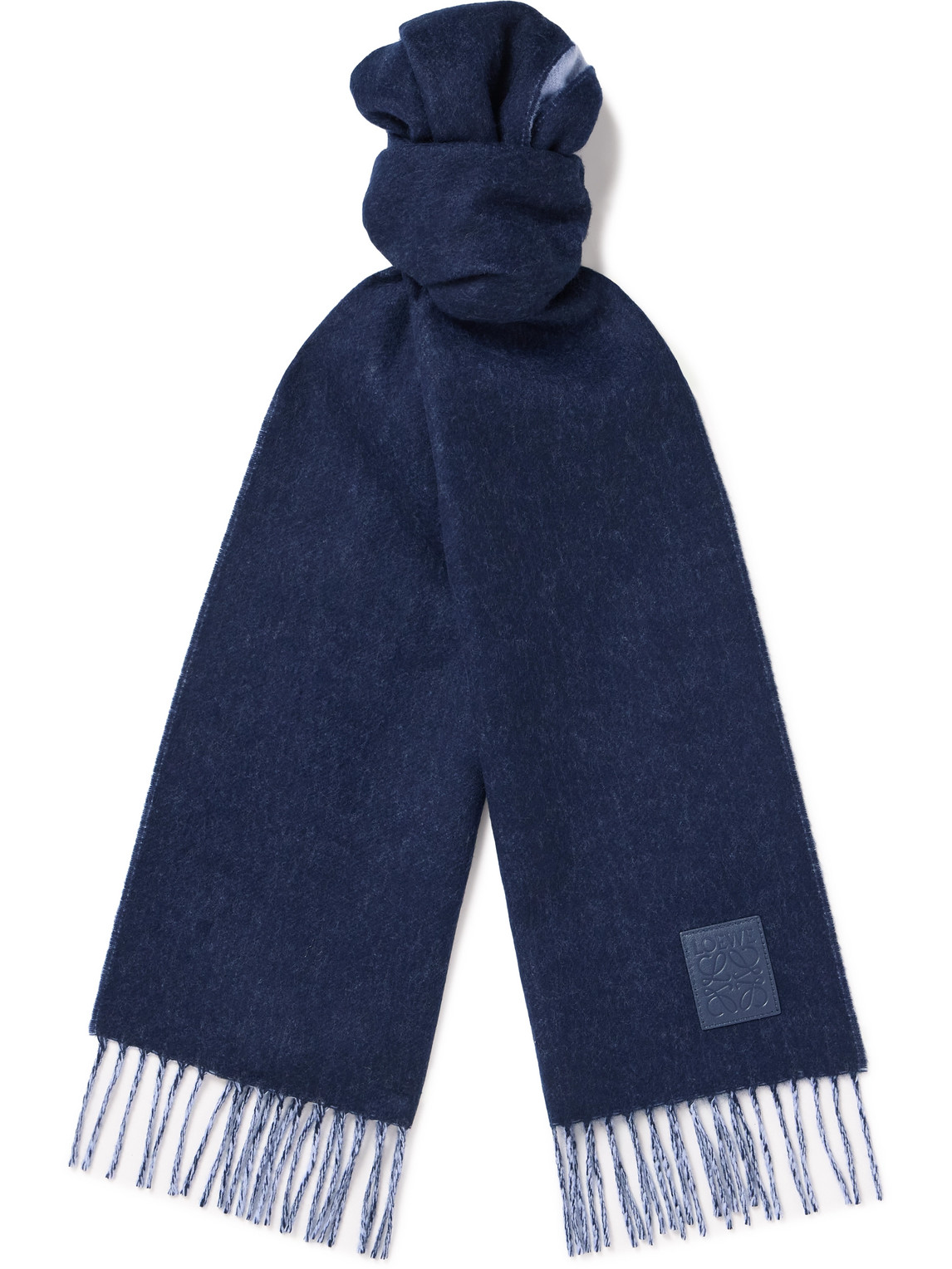 Loewe Logo-appliquéd Fringed Wool And Cashmere-blend Scarf In Blue