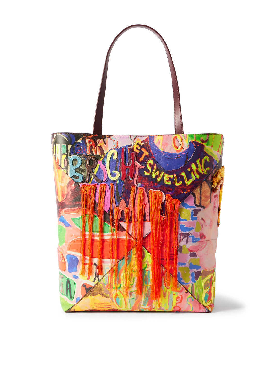 Loewe Puzzle Large Panelled Printed Fringed Leather Tote In Multi