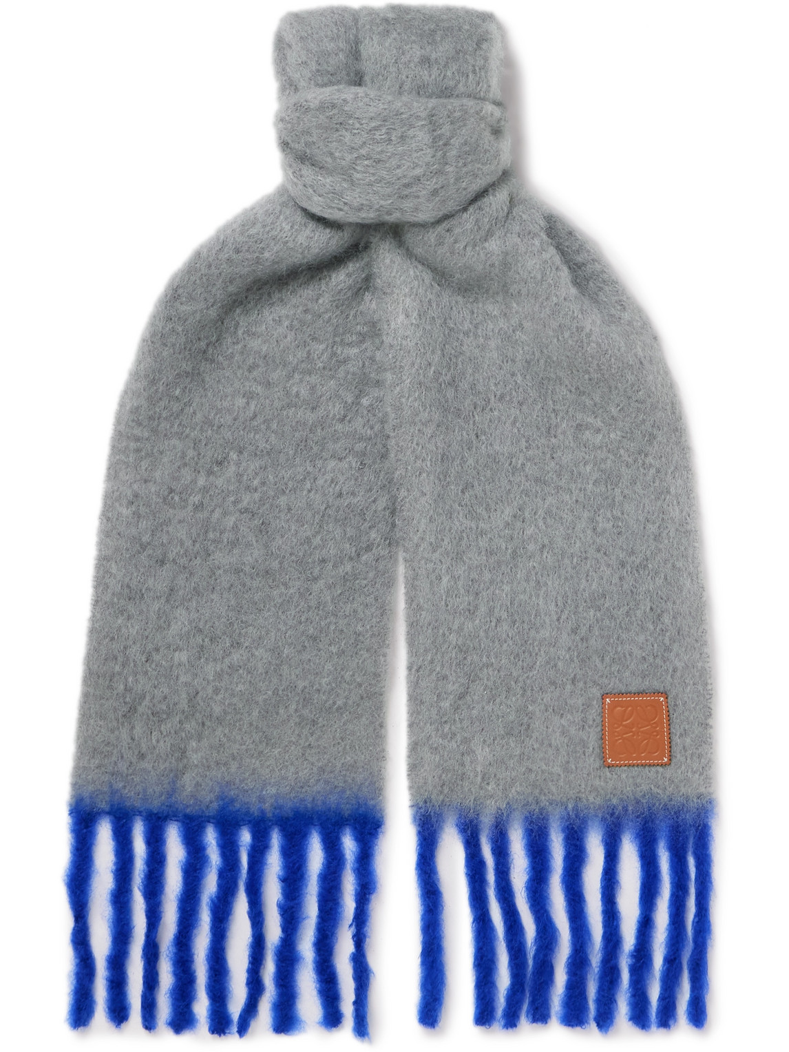 Loewe Fringed Leather-trimmed Two-tone Mohair-blend Scarf In Gray