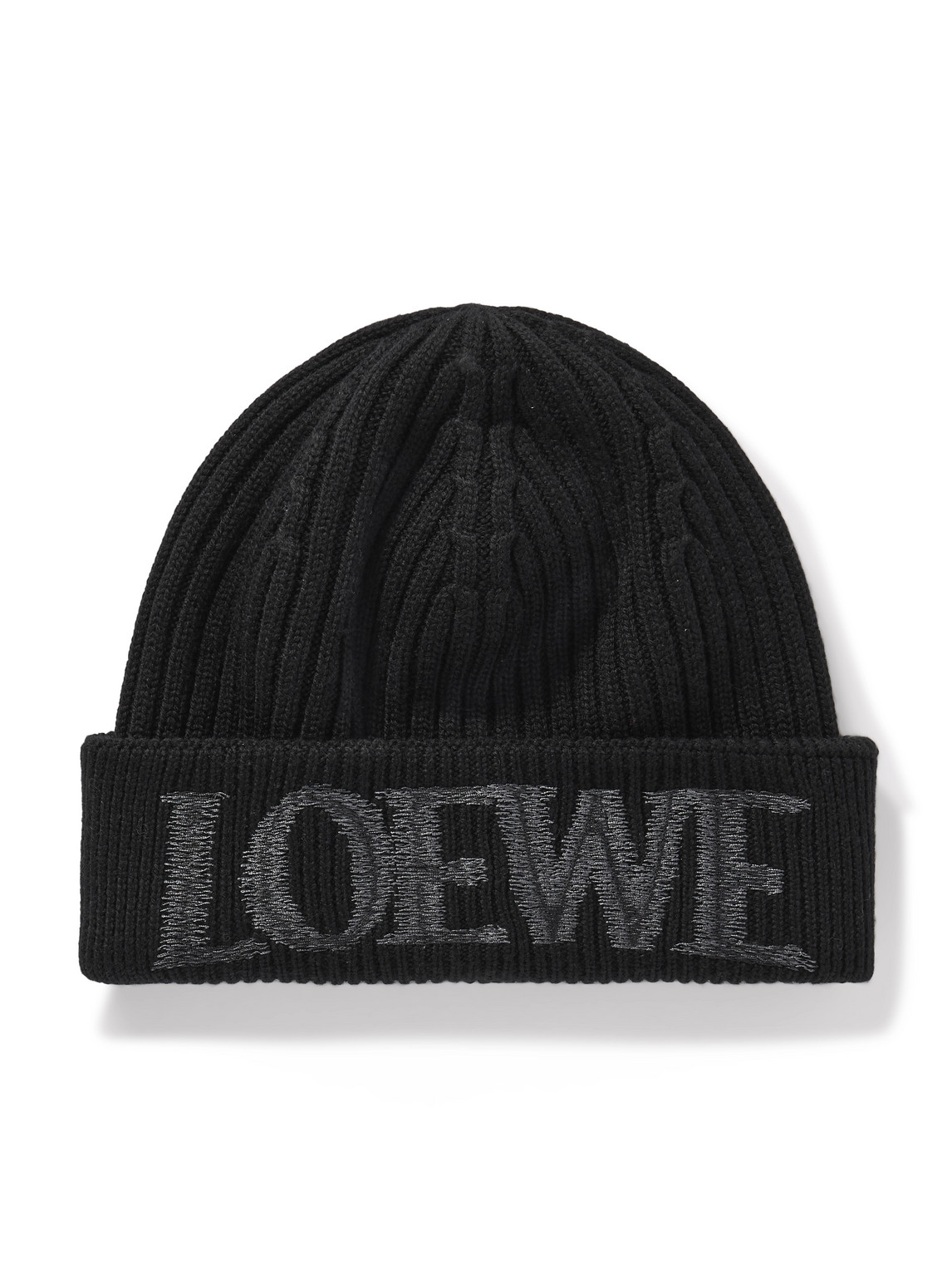 Loewe Logo-embroidered Ribbed Wool Beanie In Black