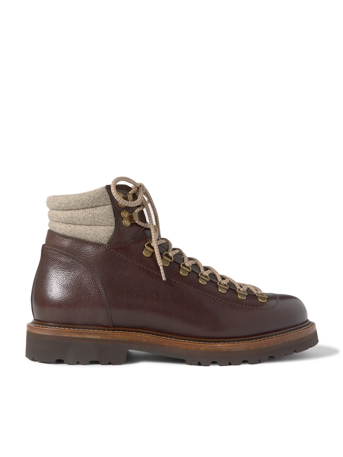 Brunello Cucinelli Wool And Cashmere-blend Trimmed Glossed-leather Boots In Brown