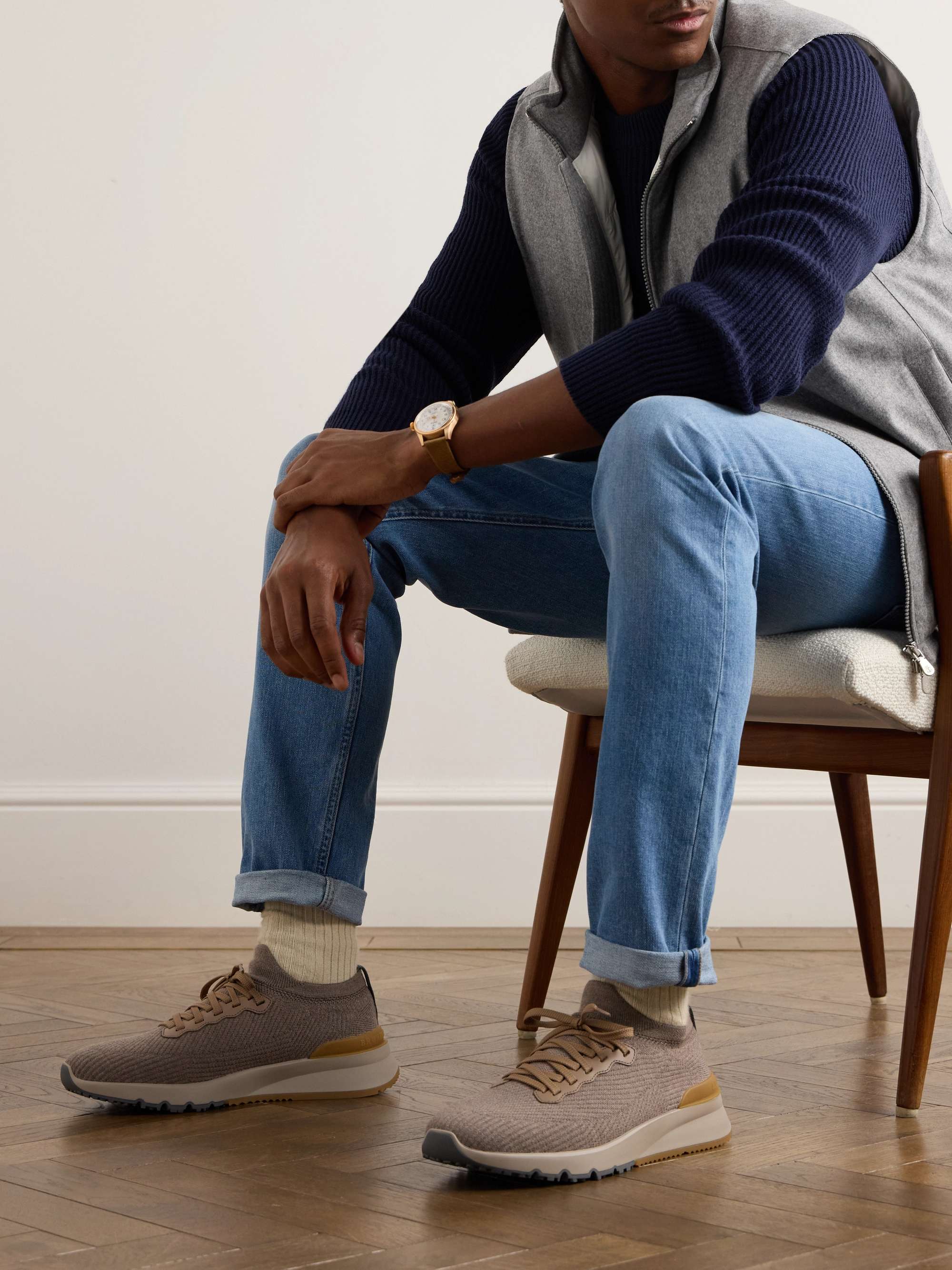 BRUNELLO CUCINELLI Leather-Trimmed Stretch-Knit Sneakers