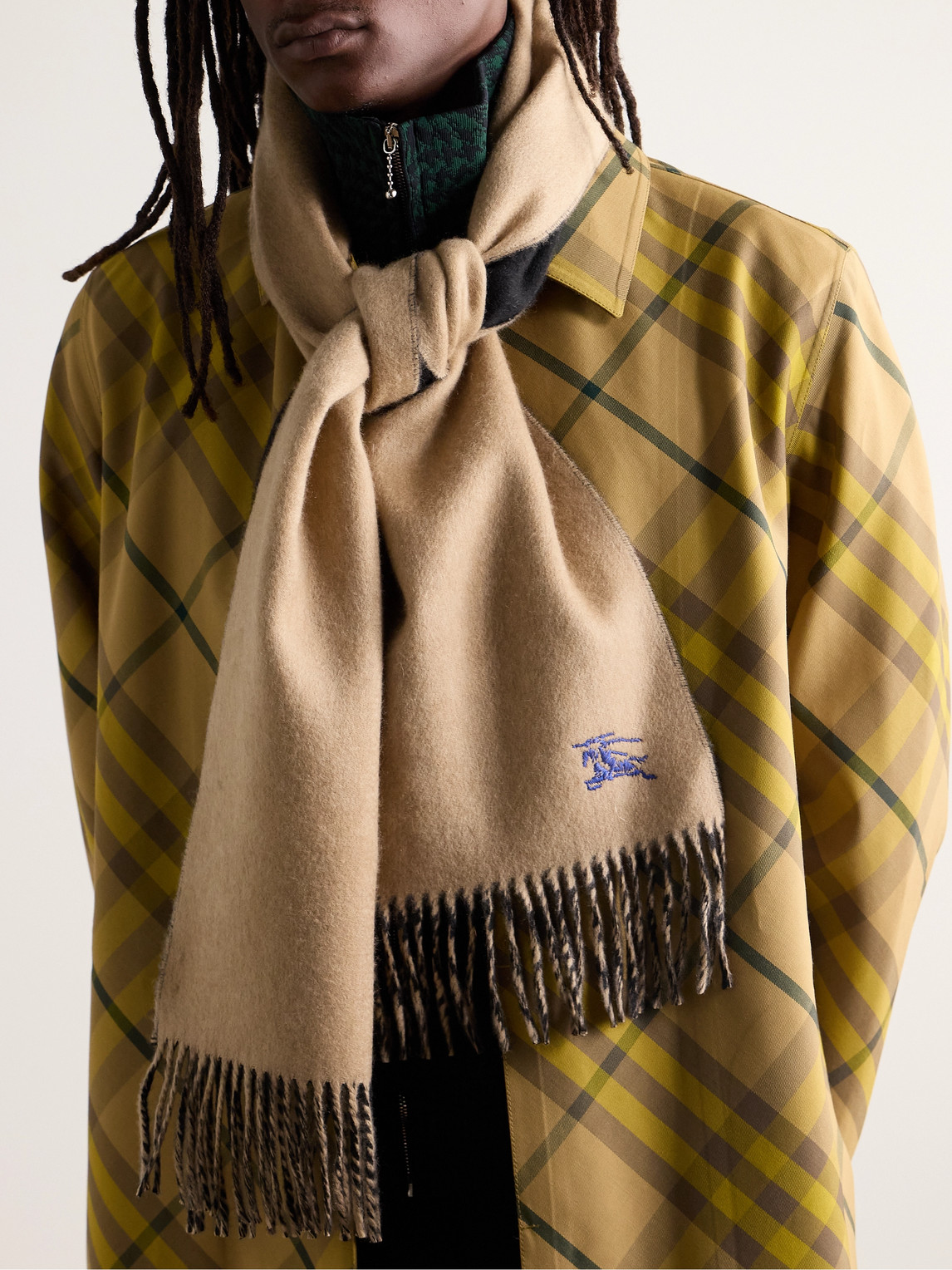 Burberry Reversible Logo-embroidered Fringed Cashmere Scarf In Neutrals