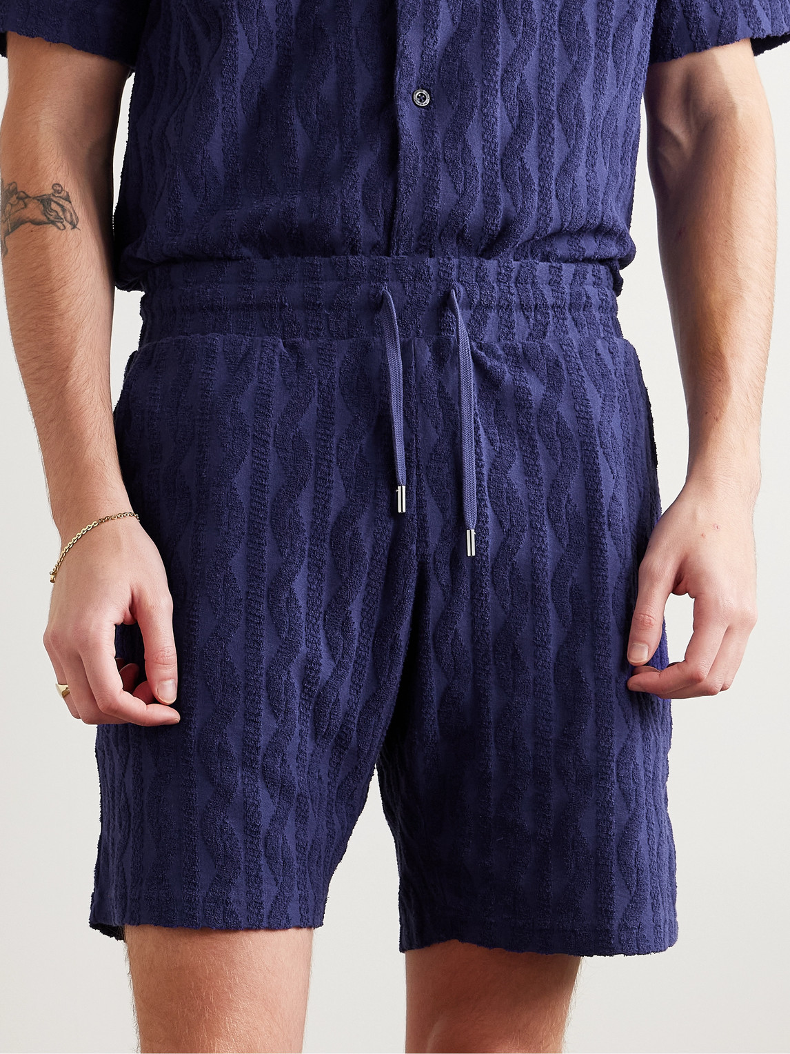 Shop Frescobol Carioca Augusto Straight-leg Jacquard-knit Organic Cotton-terry Drawstring Shorts In Blue