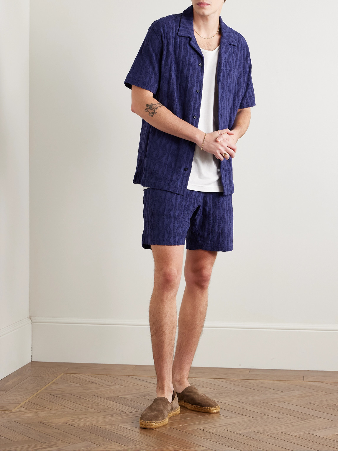 Shop Frescobol Carioca Augusto Straight-leg Jacquard-knit Organic Cotton-terry Drawstring Shorts In Blue