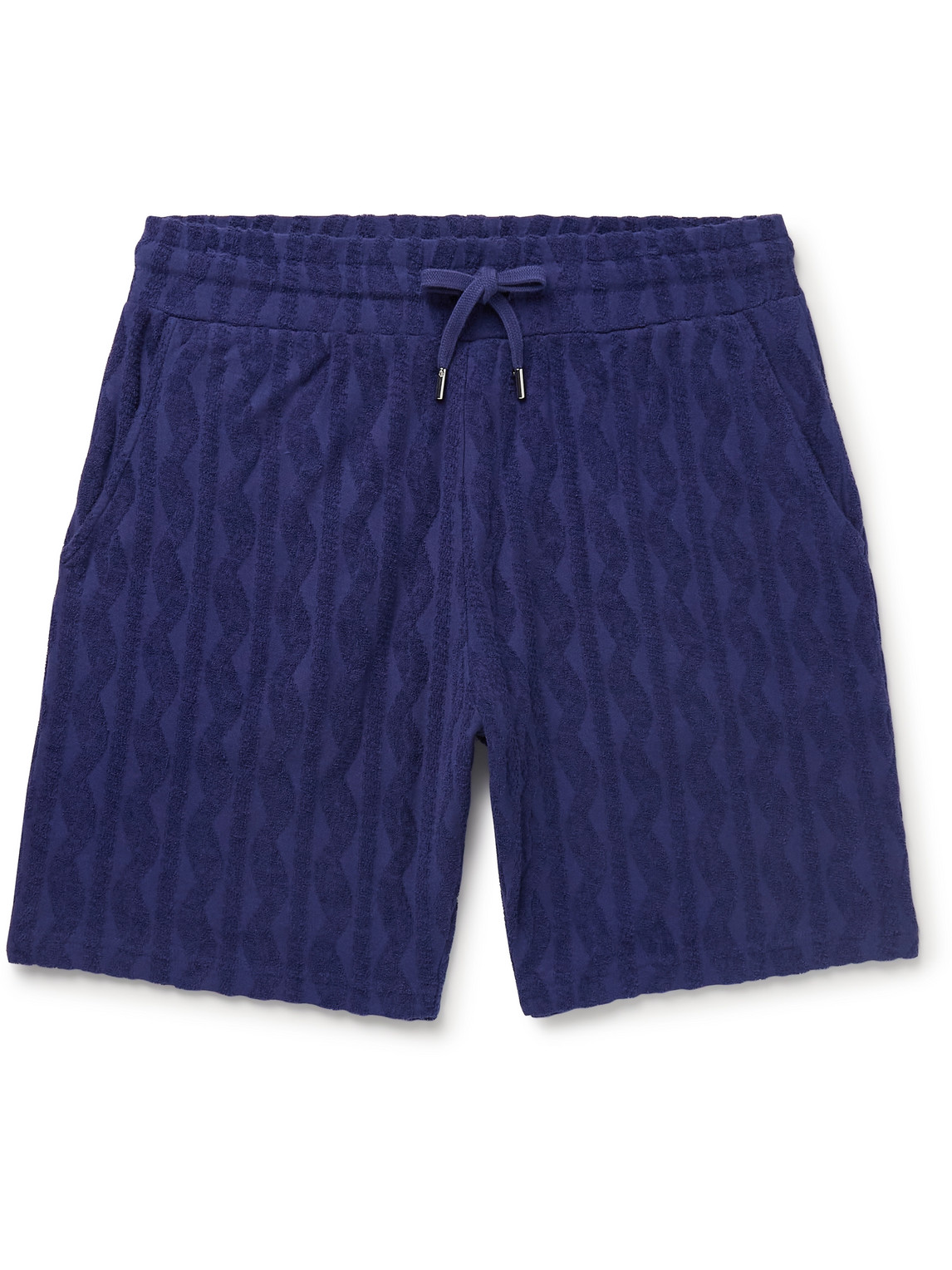 Shop Frescobol Carioca Augusto Straight-leg Jacquard-knit Organic Cotton-terry Drawstring Shorts In Blue