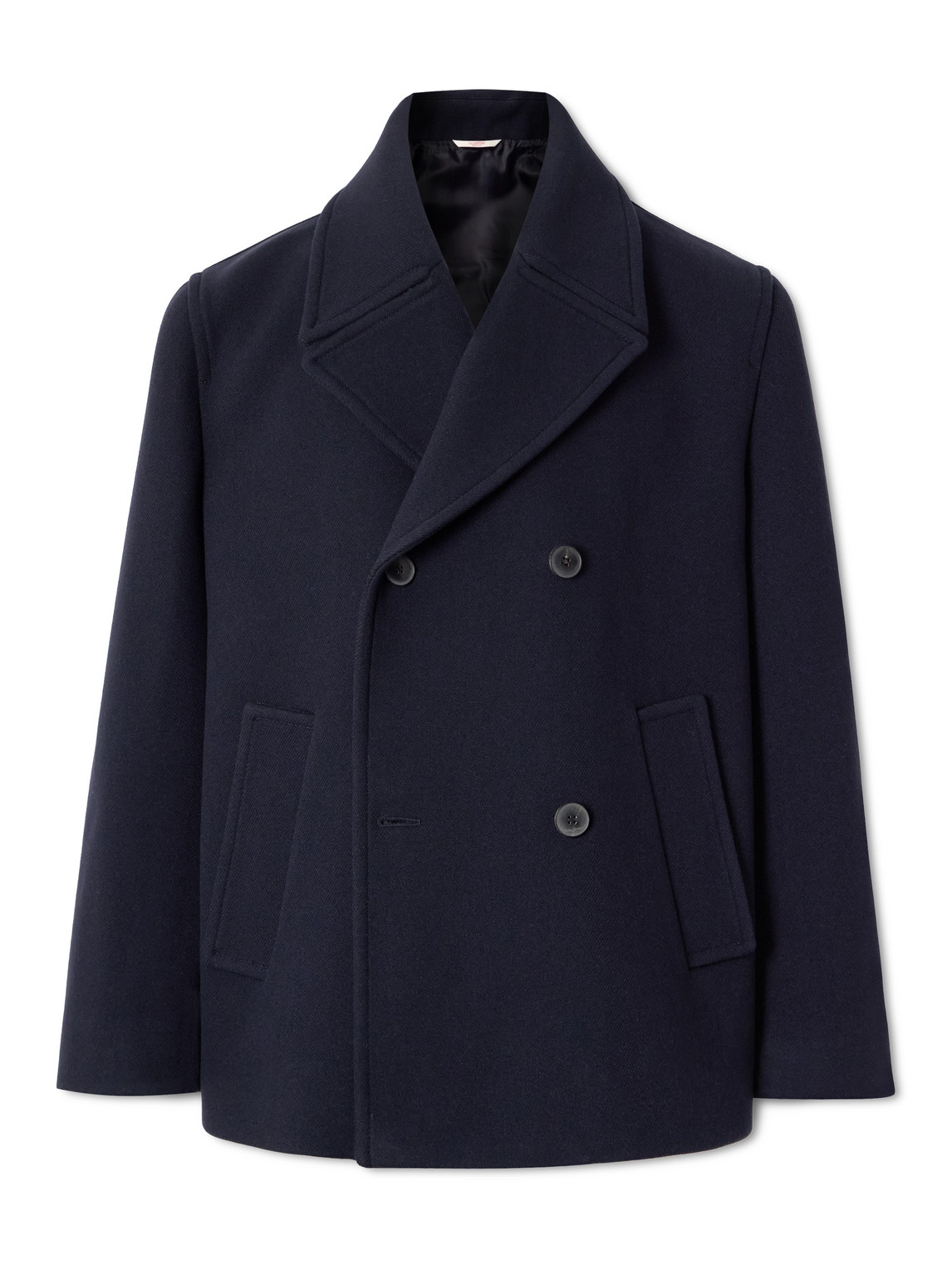 Valentino Double-breasted Wool-twill Peacoat In Blue