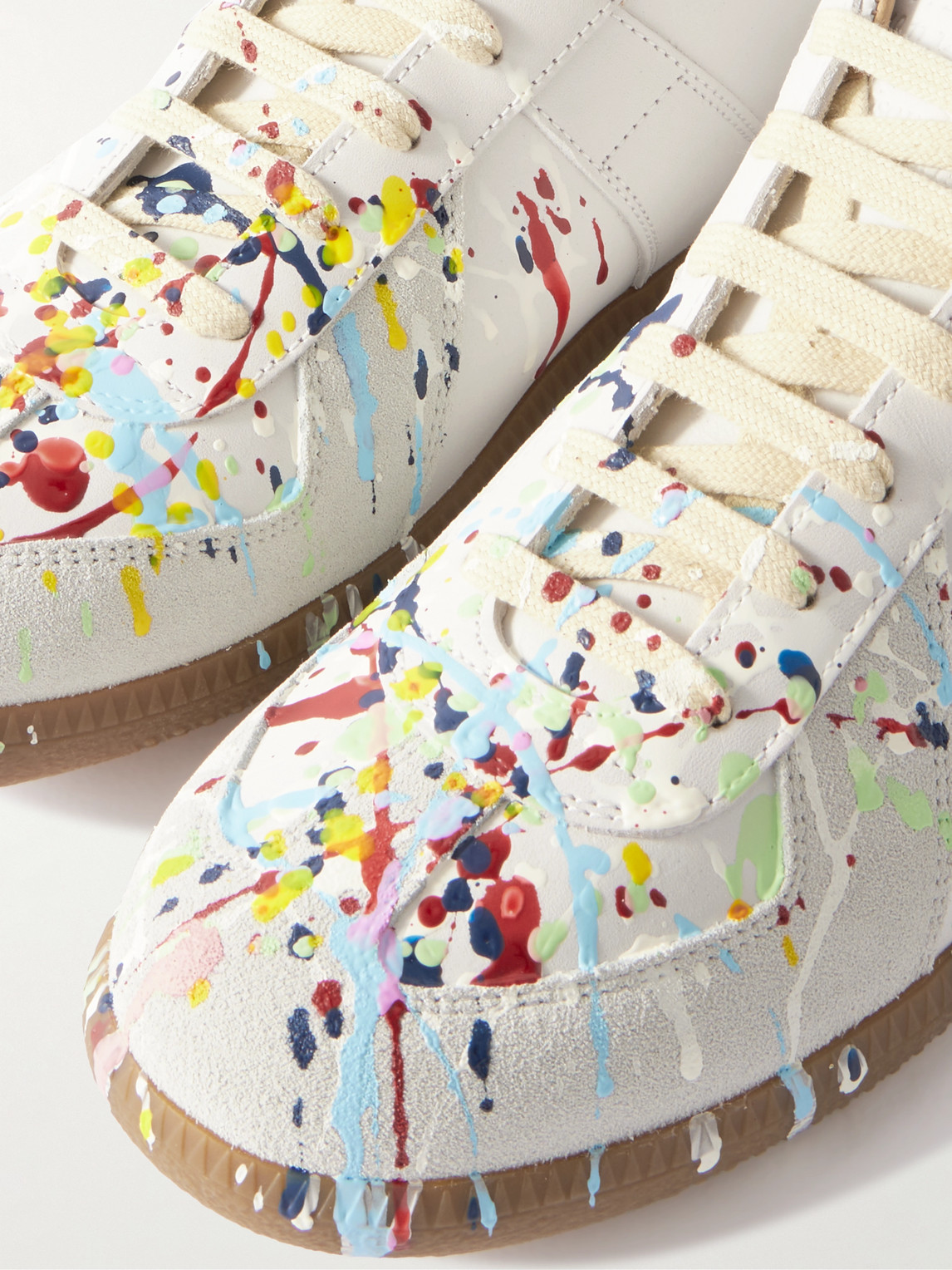 Shop Maison Margiela Paint-splattered Suede-trimmed Leather Sneakers In Neutrals