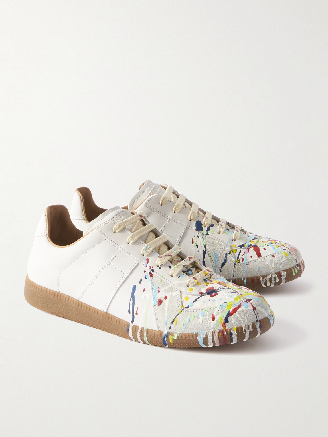 Shop Maison Margiela Paint-splattered Suede-trimmed Leather Sneakers In Neutrals