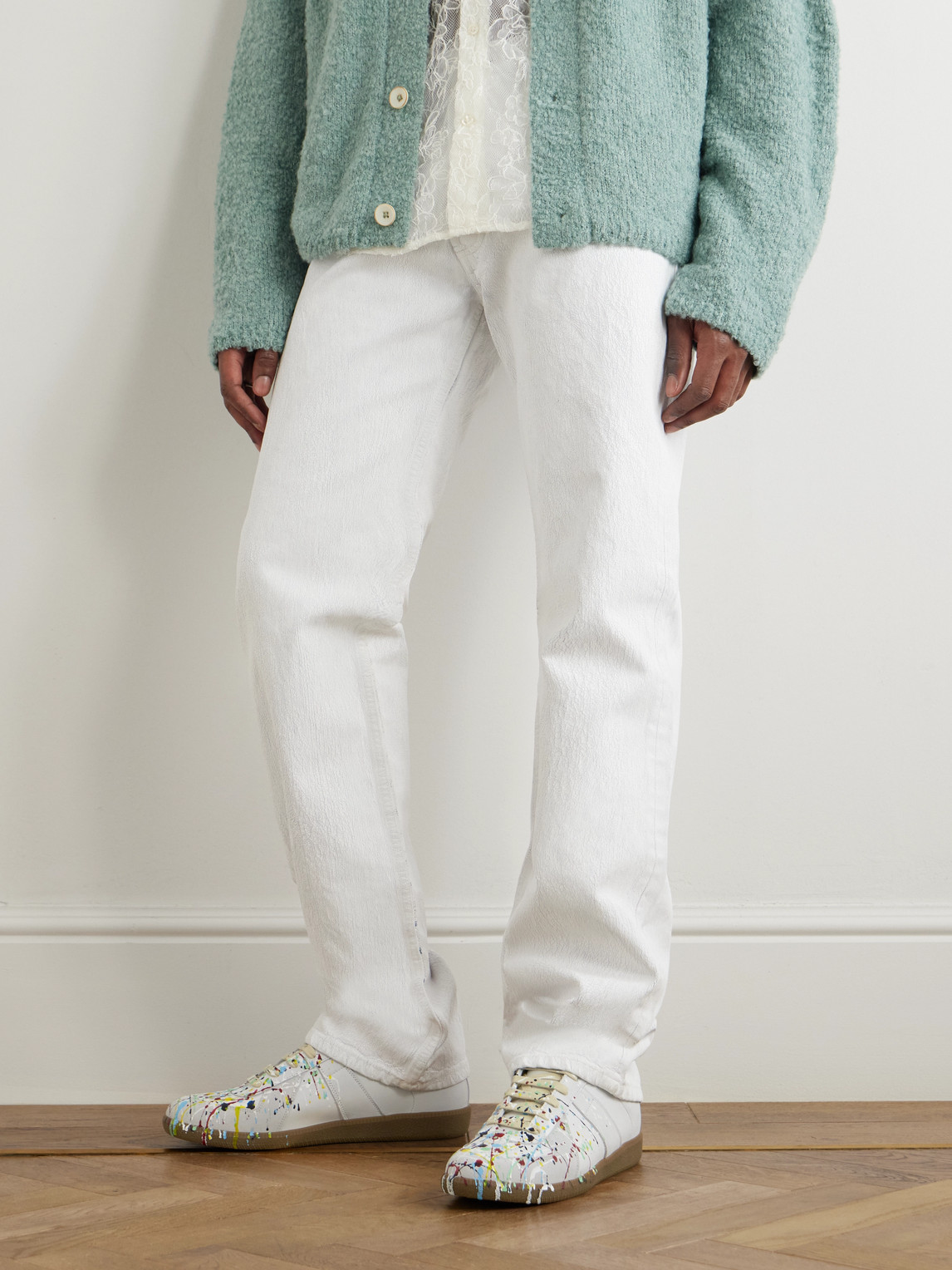 Shop Maison Margiela Paint-splattered Suede-trimmed Leather Sneakers In Neutrals