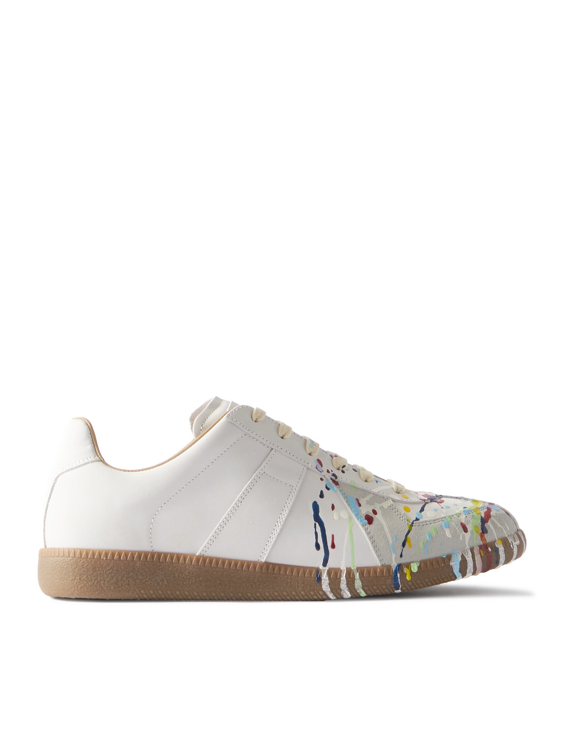 Shop Maison Margiela Paint-splattered Suede-trimmed Leather Sneakers In Neutrals