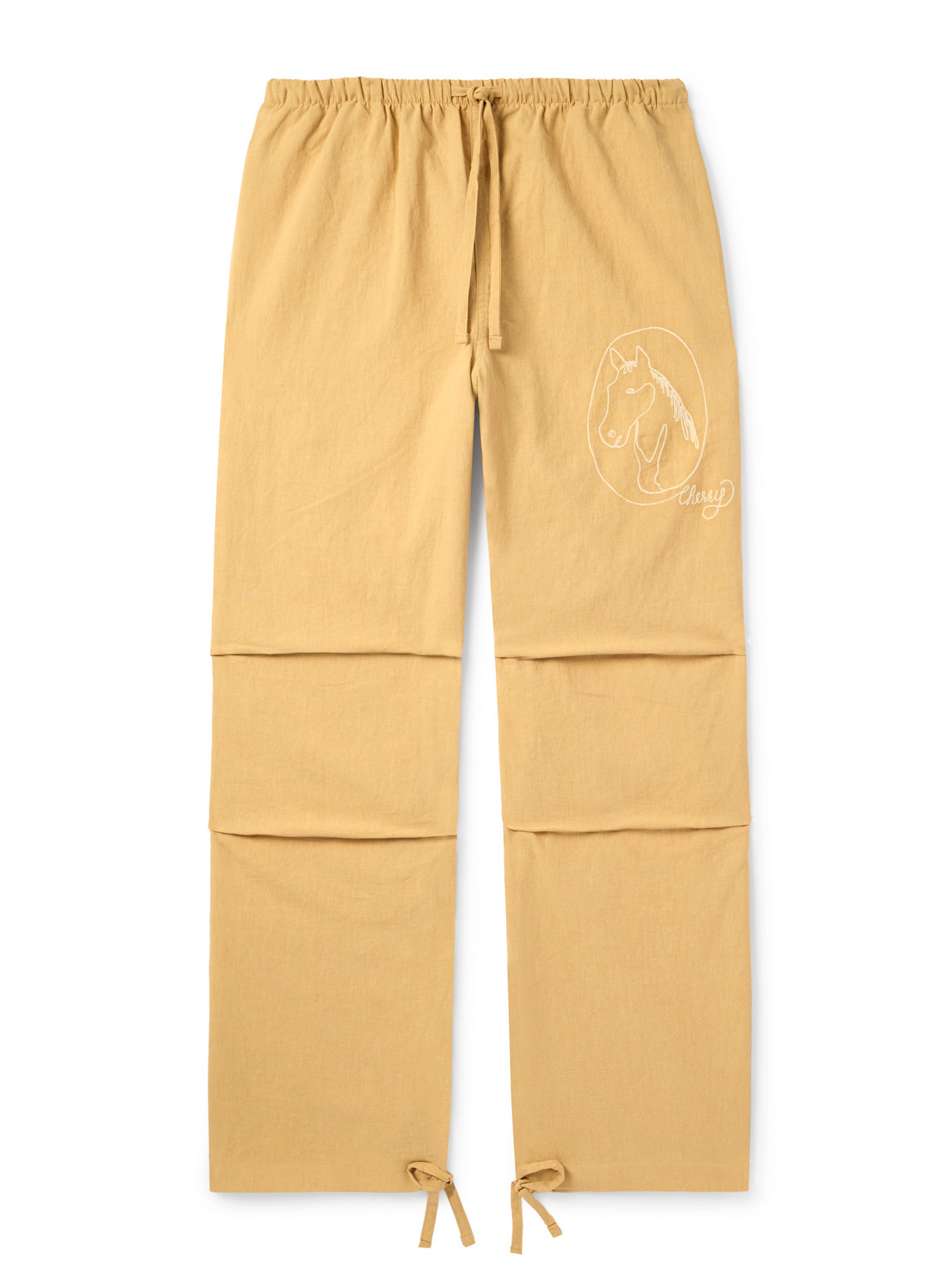 Straight-Leg Embroidered Cotton and Linen-Blend Drawstring Trousers