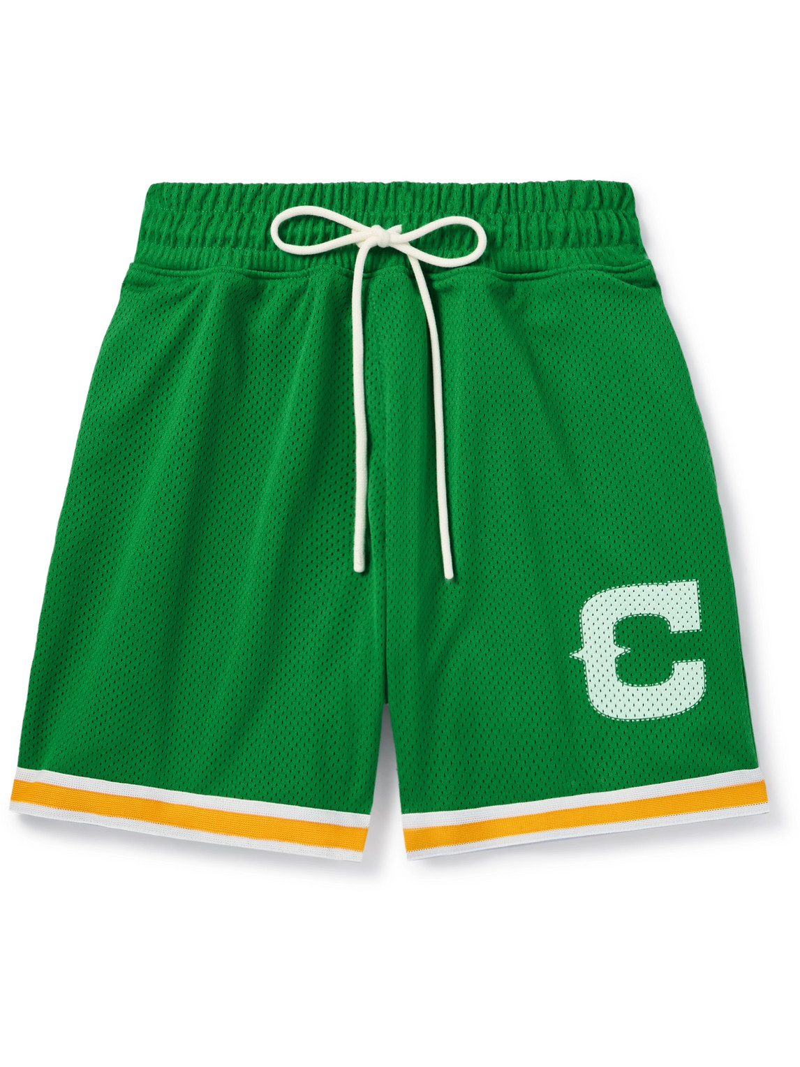 Wide-Leg Logo-Print Webbing-Trimmed Mesh Drawstring Shorts