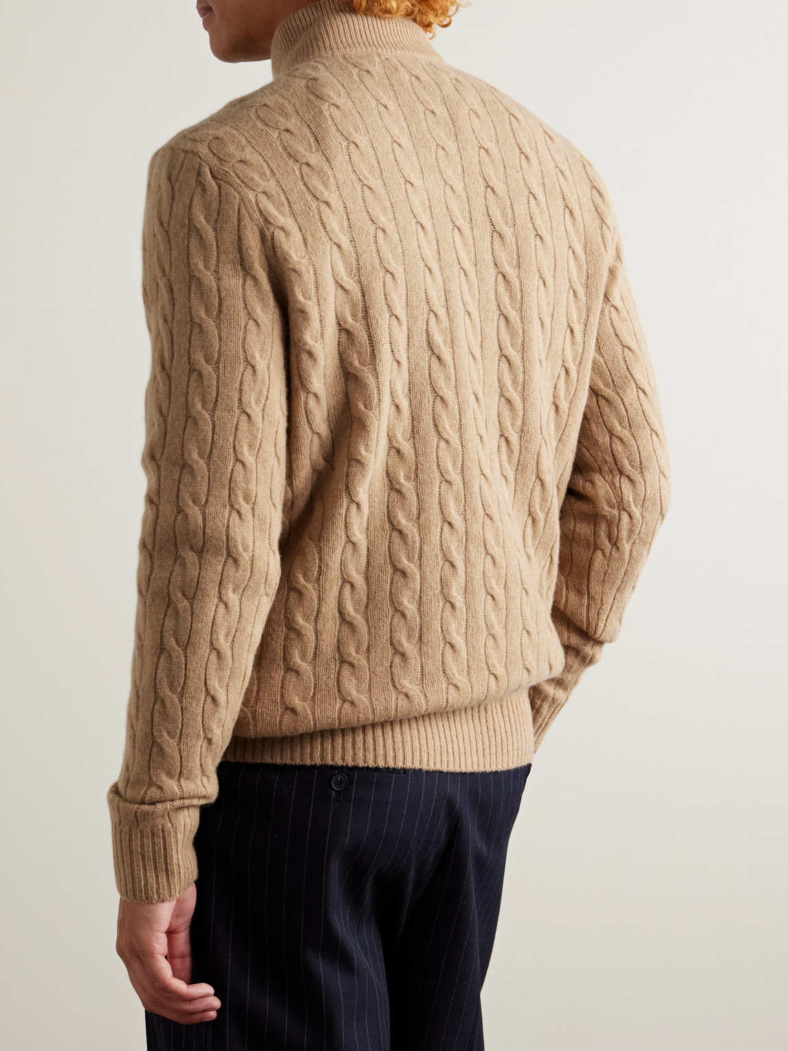 Shop Polo Ralph Lauren Logo-embroidered Cable-knit Wool And Cashmere-blend Half-zip Sweater In Neutrals