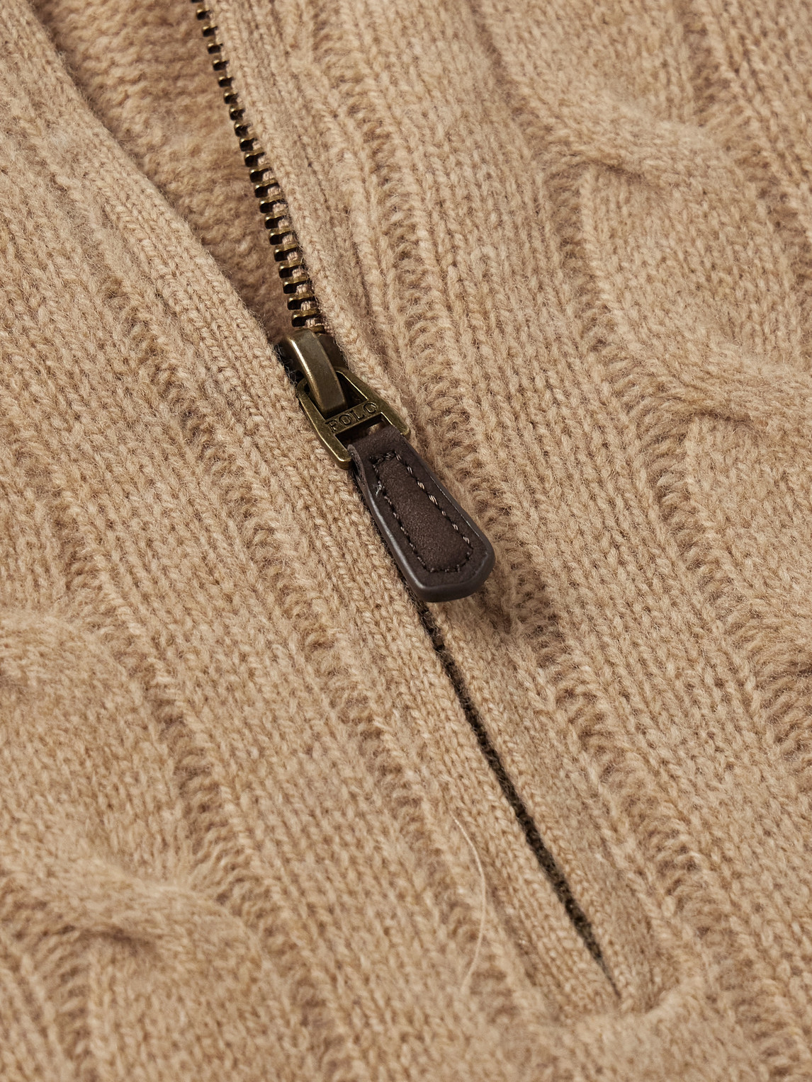 Shop Polo Ralph Lauren Logo-embroidered Cable-knit Wool And Cashmere-blend Half-zip Sweater In Neutrals