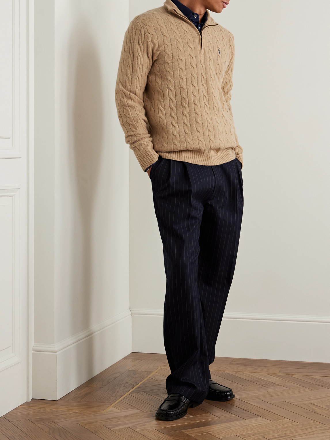 Shop Polo Ralph Lauren Logo-embroidered Cable-knit Wool And Cashmere-blend Half-zip Sweater In Neutrals