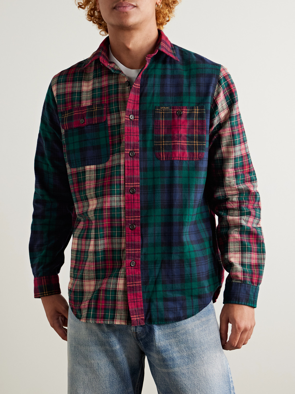Shop Polo Ralph Lauren Patchwork Checked Brushed-cotton Oxford Shirt In Green