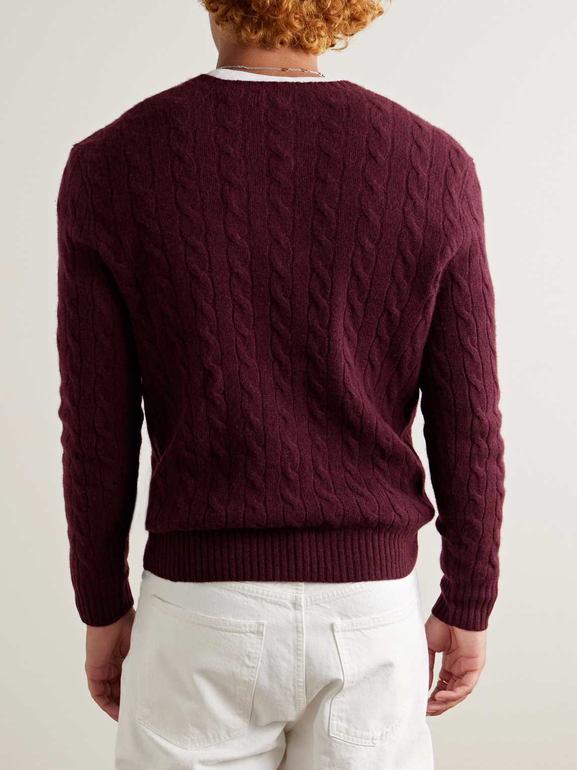 Shop Polo Ralph Lauren Slim-fit Cable-knit Wool And Cashmere-blend Sweater In Burgundy