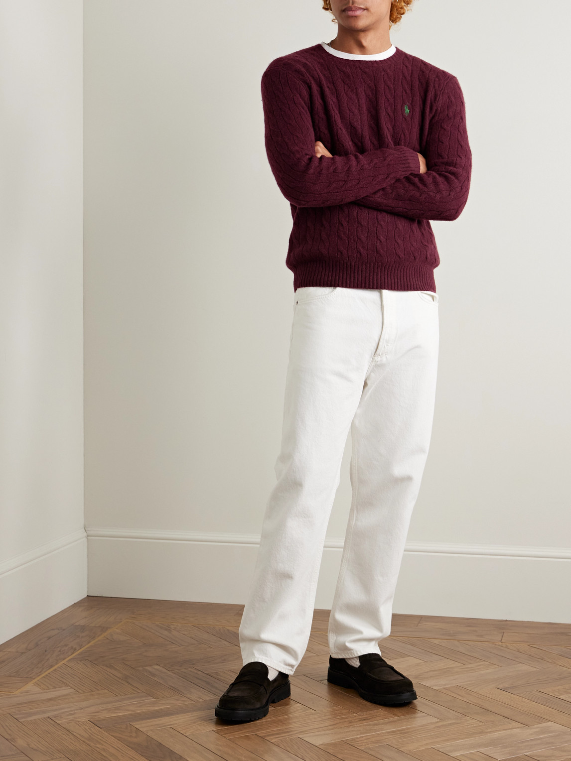 Shop Polo Ralph Lauren Slim-fit Cable-knit Wool And Cashmere-blend Sweater In Burgundy
