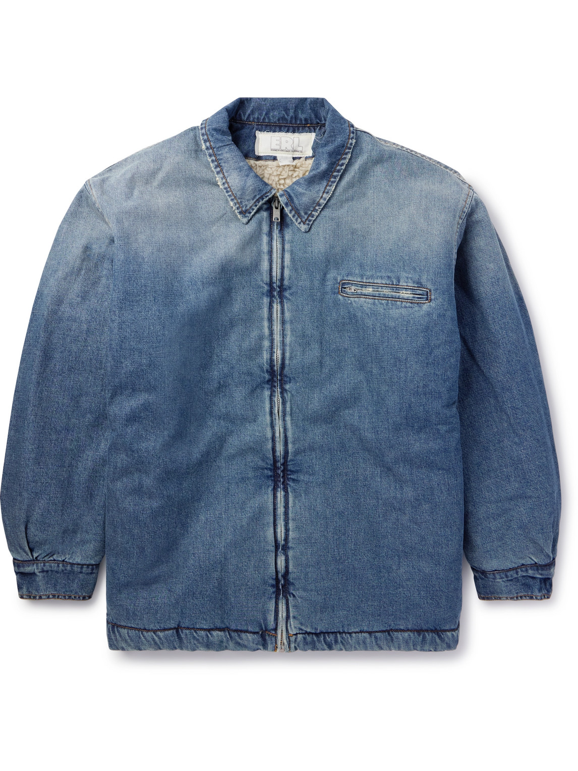 Erl Oversized Distressed Faux Shearling-lined Padded Denim Jacket In Blue