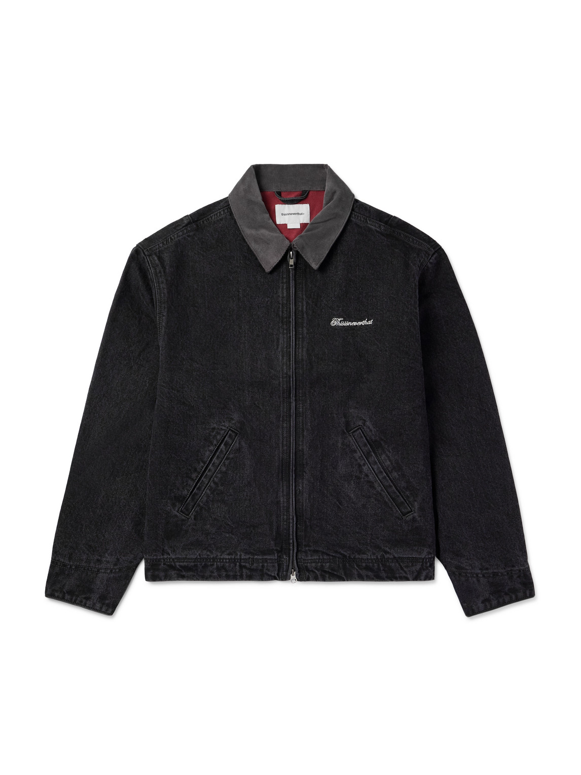 THISISNEVERTHAT LOGO-EMBROIDERED CORDUROY-TRIMMED GARMENT-WASHED DENIM JACKET