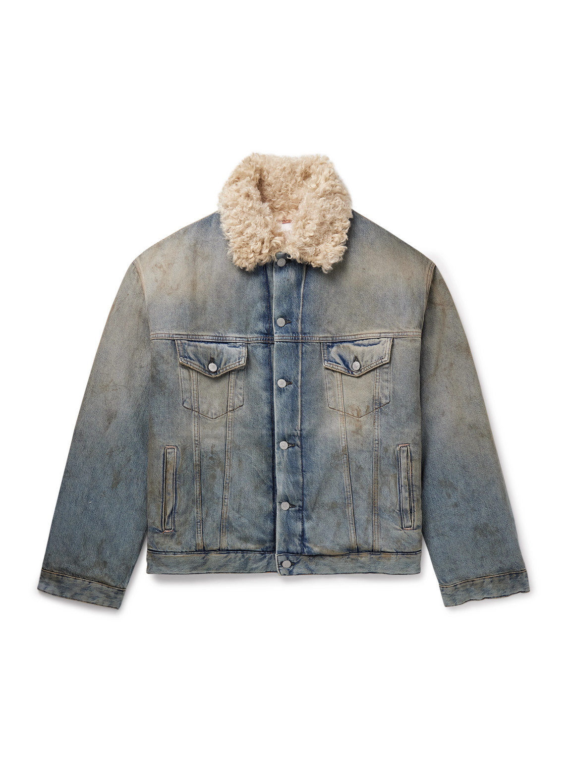 Robert Faux Shearling-Trimmed Padded Distressed Denim Jacket