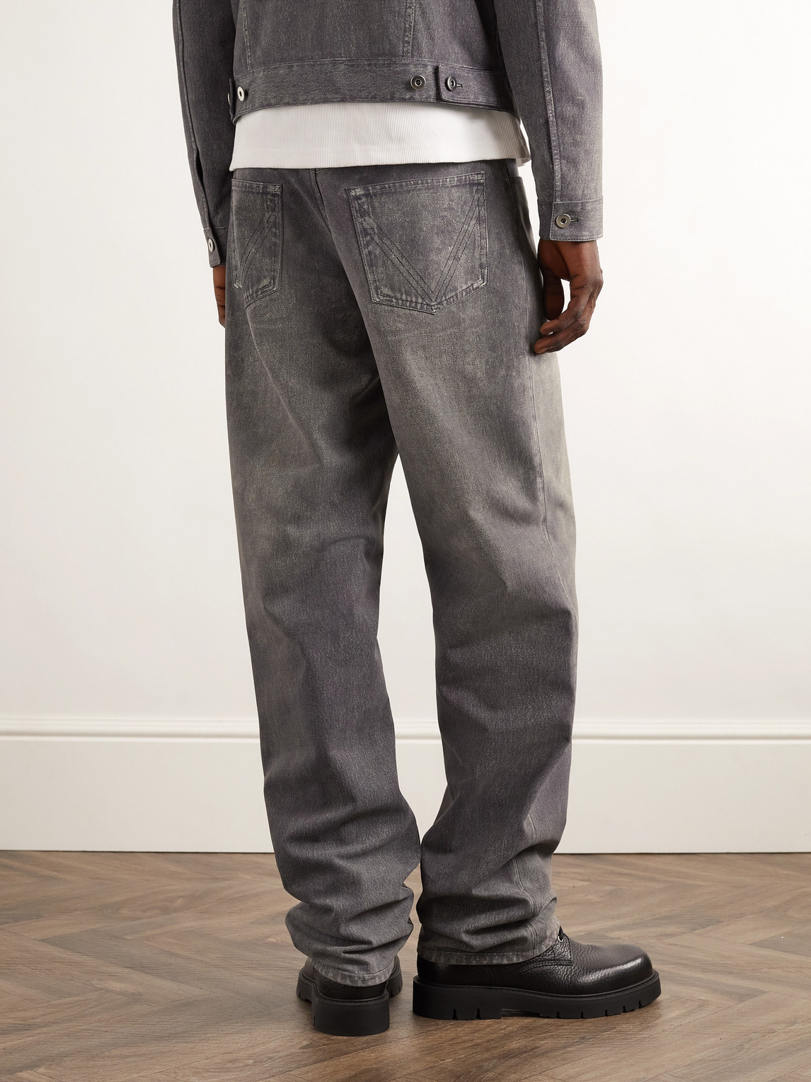 Shop Bottega Veneta Straight-leg Printed Nubuck Trousers In Gray