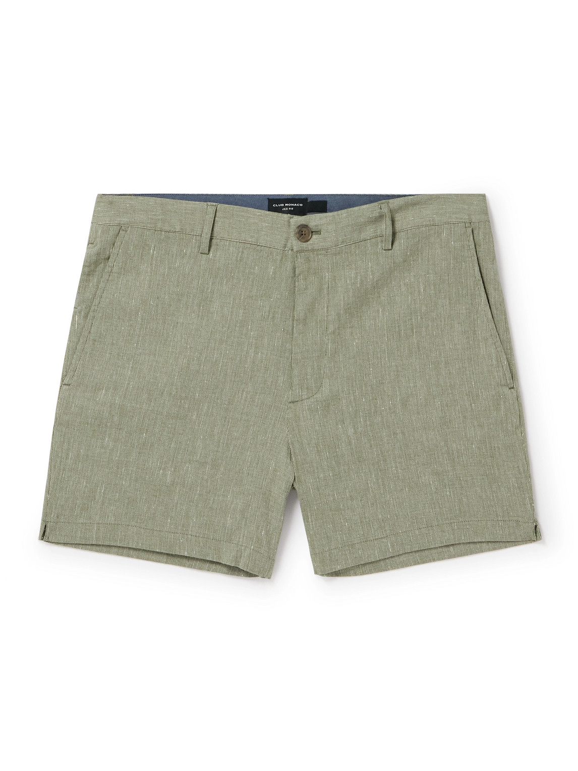 Club Monaco Jax Straight-leg Pinstriped Linen-blend Shorts In Green