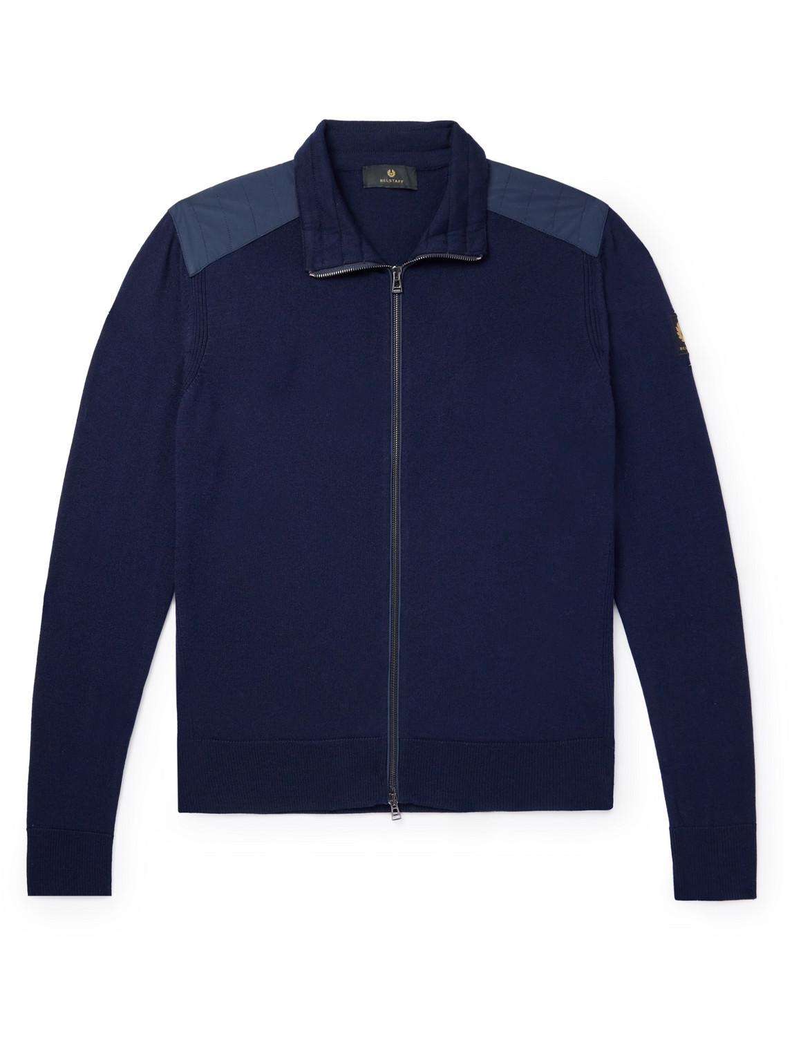 Belstaff Kelby Slim-fit Logo-appliquéd Shell-trimmed Wool Cardigan In Blue