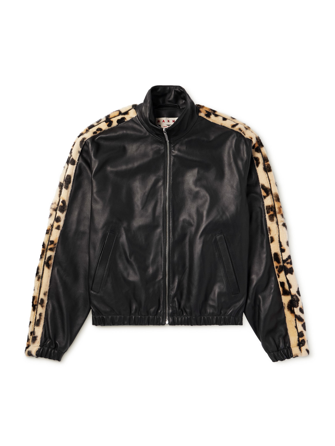 Leopard-Print Faux Fur-Trimmed Leather Jacket